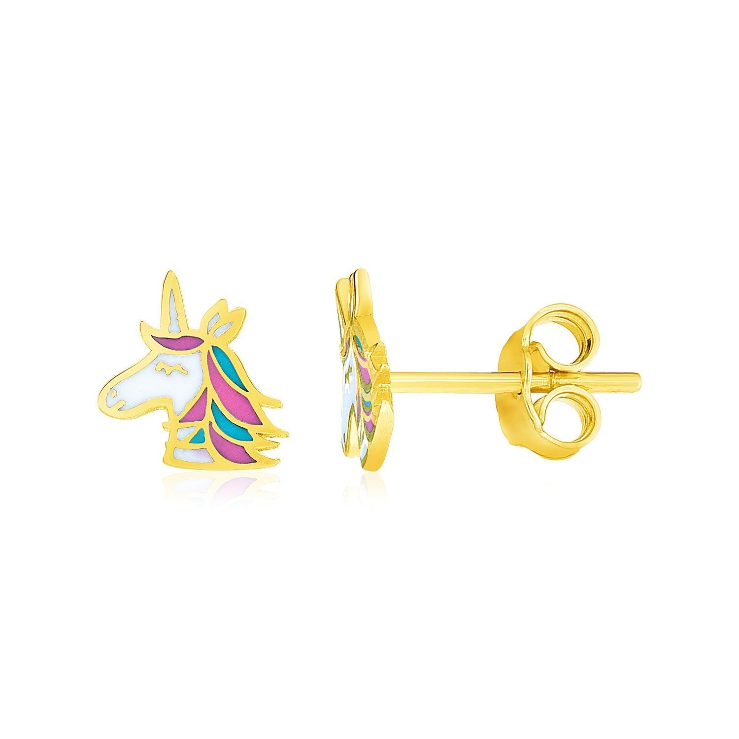 14k Yellow Gold Enameled Unicorn Childrens Earrings DestGlow