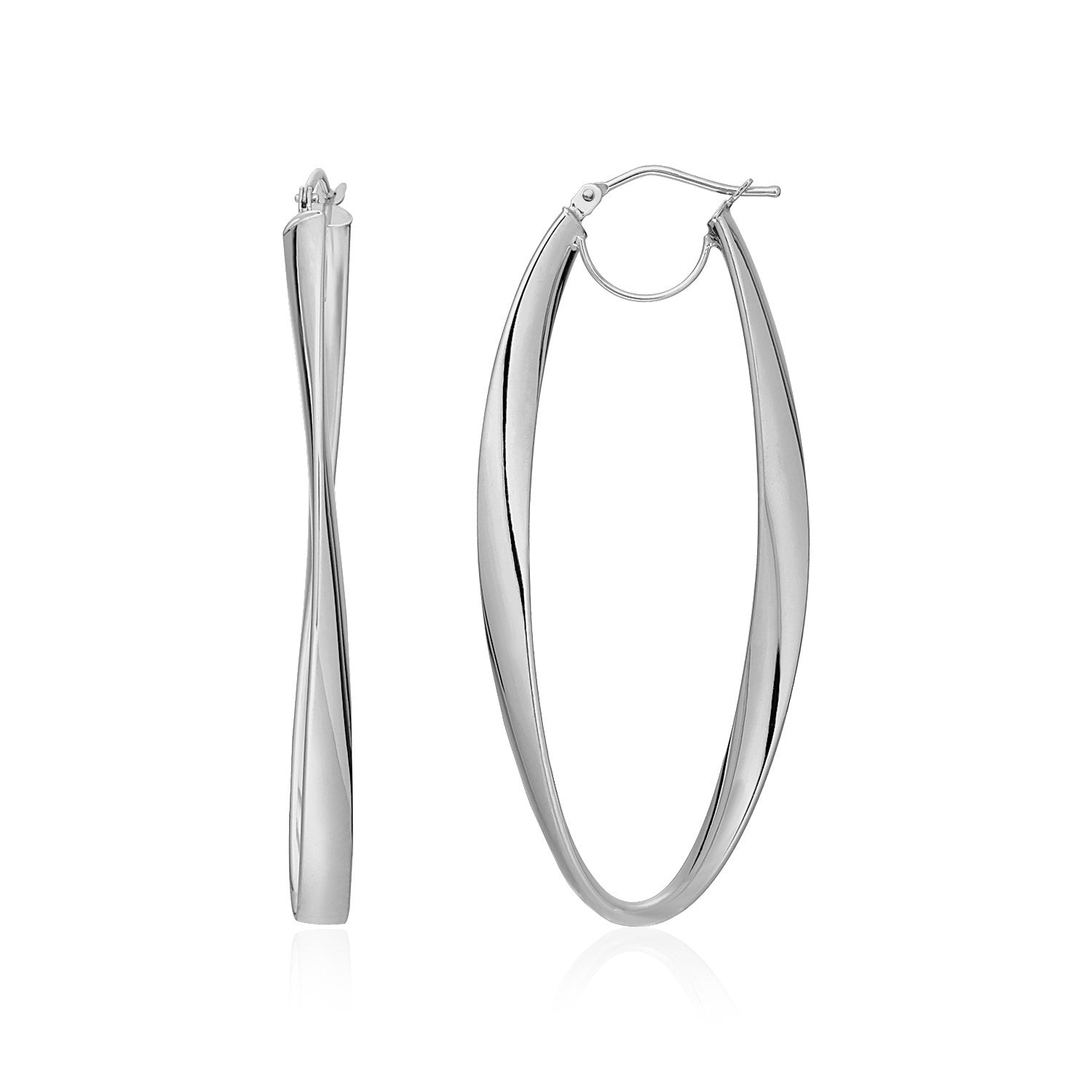 14k White Gold Twist Motif Oval Shape Hoop Earrings - earrings