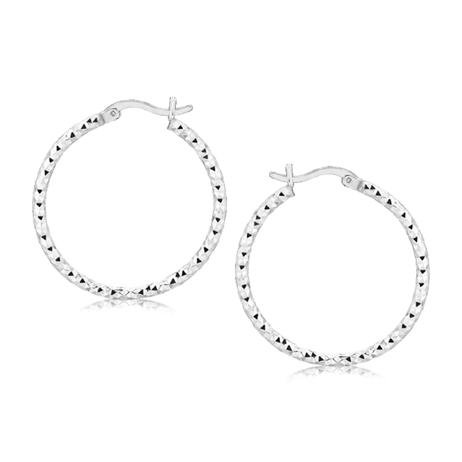 Sterling Silver Faceted Motif Hoop Earrings with Rhodium Plating(2x25mm) by Avera Group