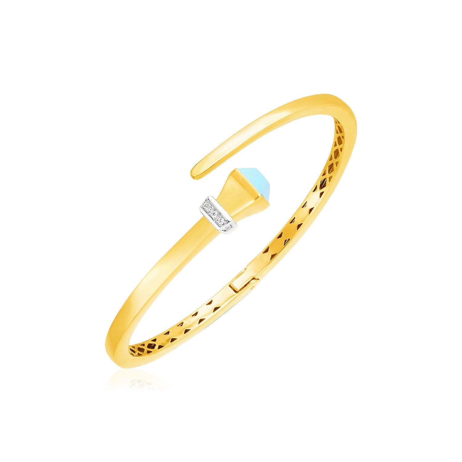 14k Yellow Gold Crossover Style Hinged Bangle Bracelet with Turquoise and Diamonds - bracelets