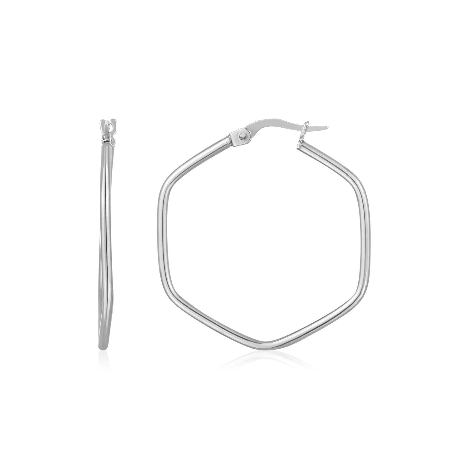 14K White Gold Hexagon Hoop Rounded Edge Earrings by Avera Group