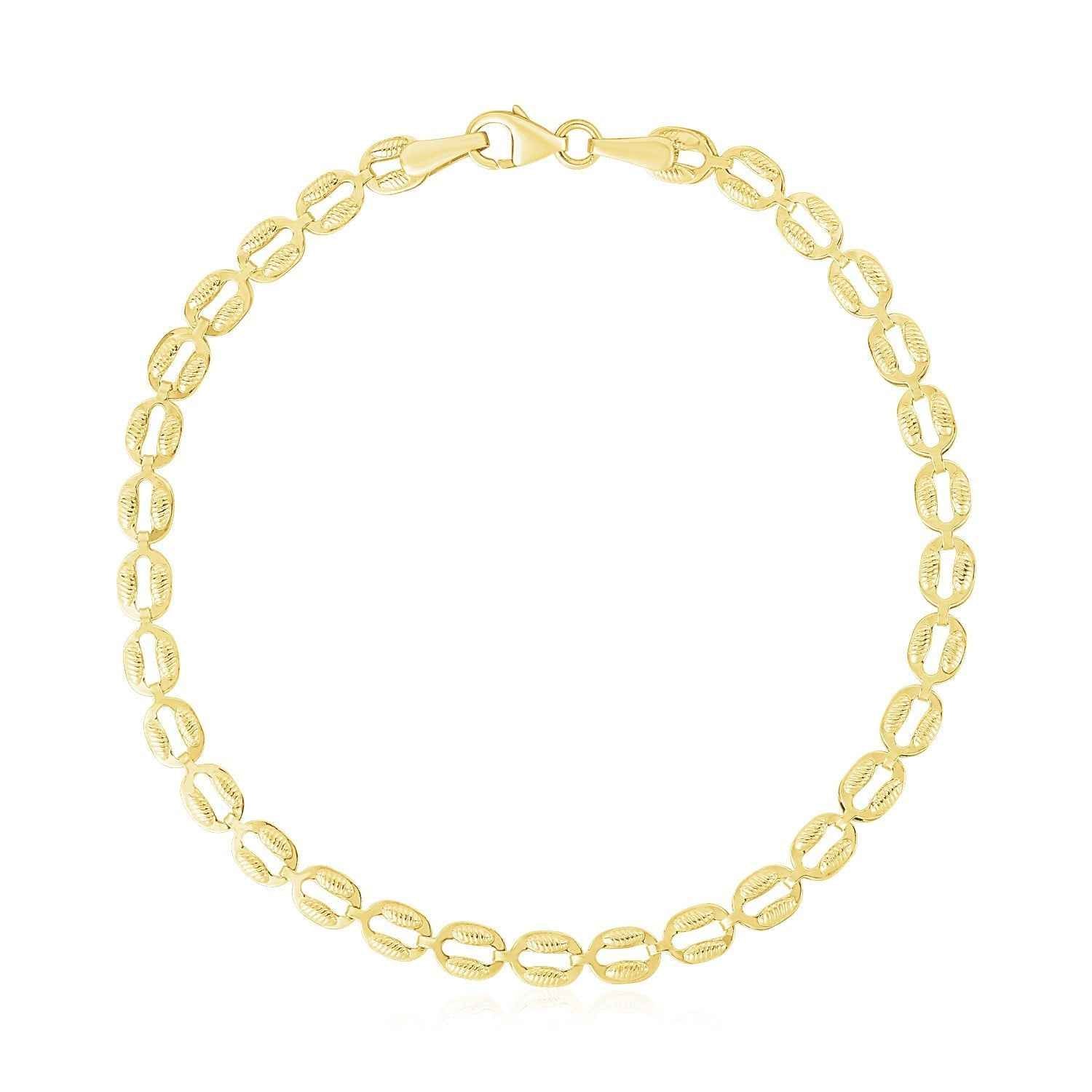 14k Yellow Gold High Polish Textured Puffed Oval Link Bracelet (3.8mm)