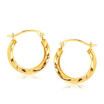 10k Yellow Gold Hoop Earrings in Textured Polished Style - earrings