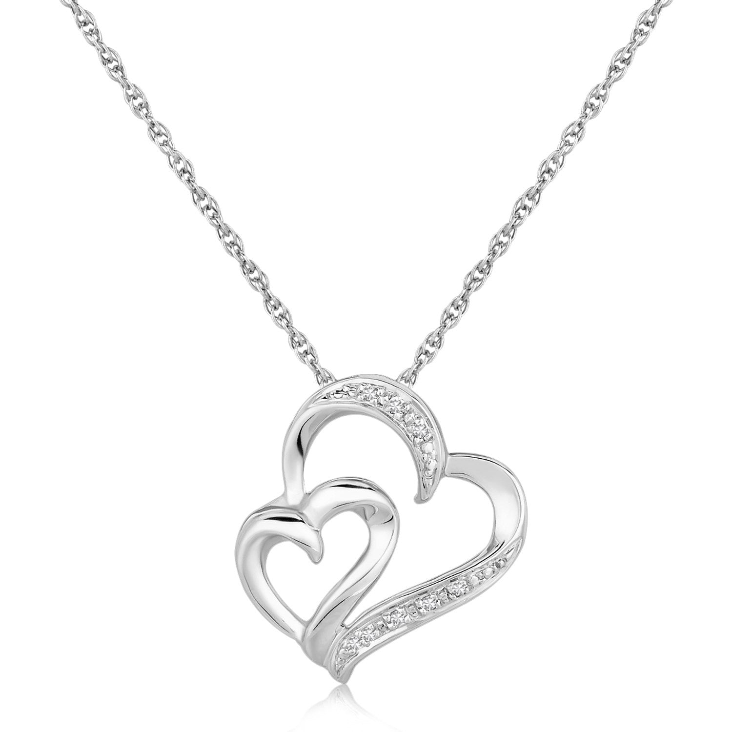 Sterling Silver Diamond Accented Dual Fancy Heart Pendant (.02 cttw) - DestGlow