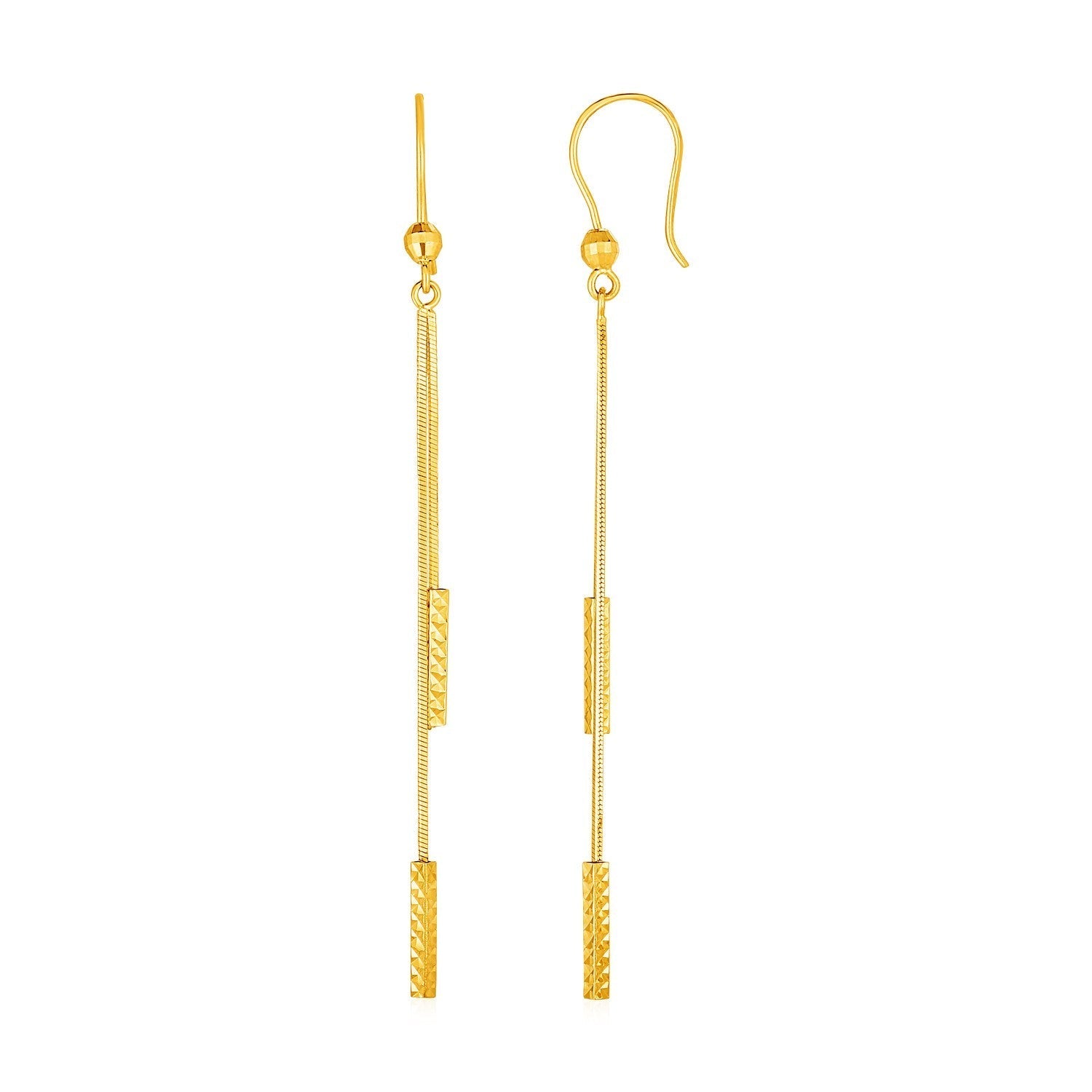 Textured Bar Long Drop Earrings in 14k Yellow Gold DestGlow