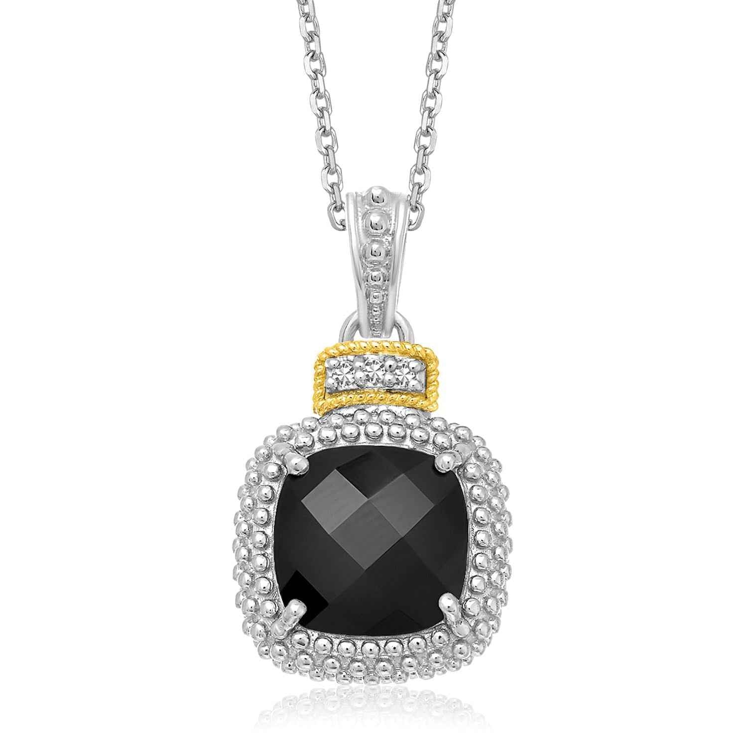 18k Yellow Gold & Sterling Silver Popcorn Cushion Black Onyx and Diamond Pendant DestGlow