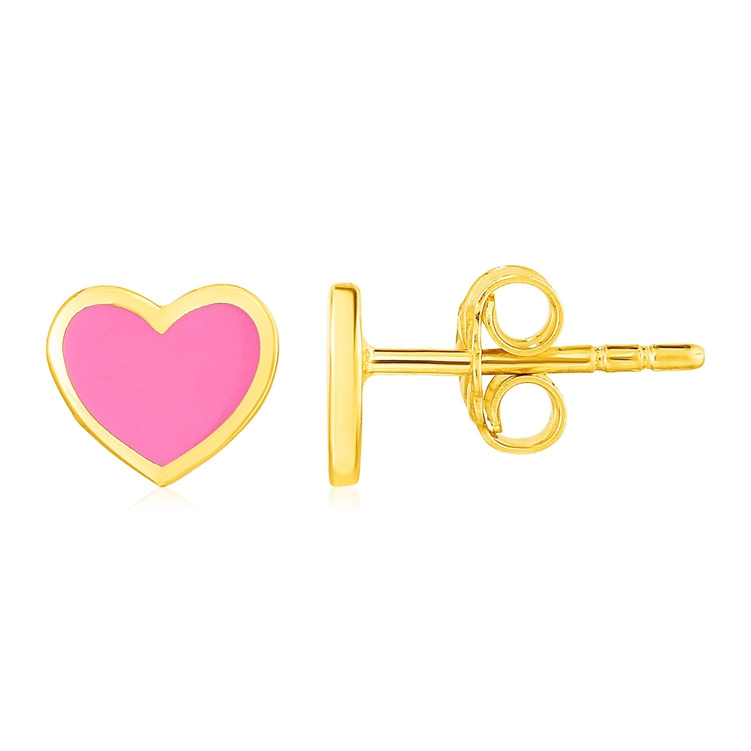 14k Yellow Gold and Enamel Pink Heart Stud Earrings - earrings