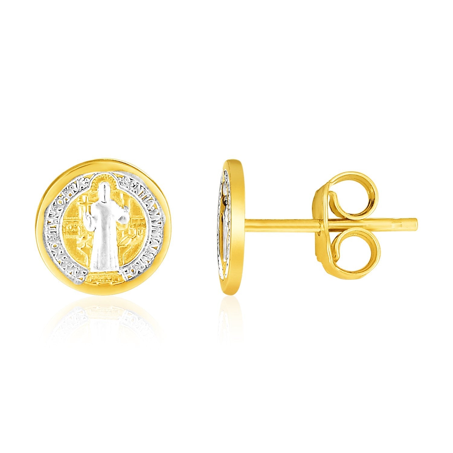 14k Two Tone Gold Round Religious Medallion Post Earrings(8mm) - accessories