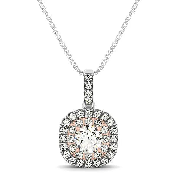 14k White And Rose Gold Cushion Shape Halo Diamond Pendant (1/2 cttw)