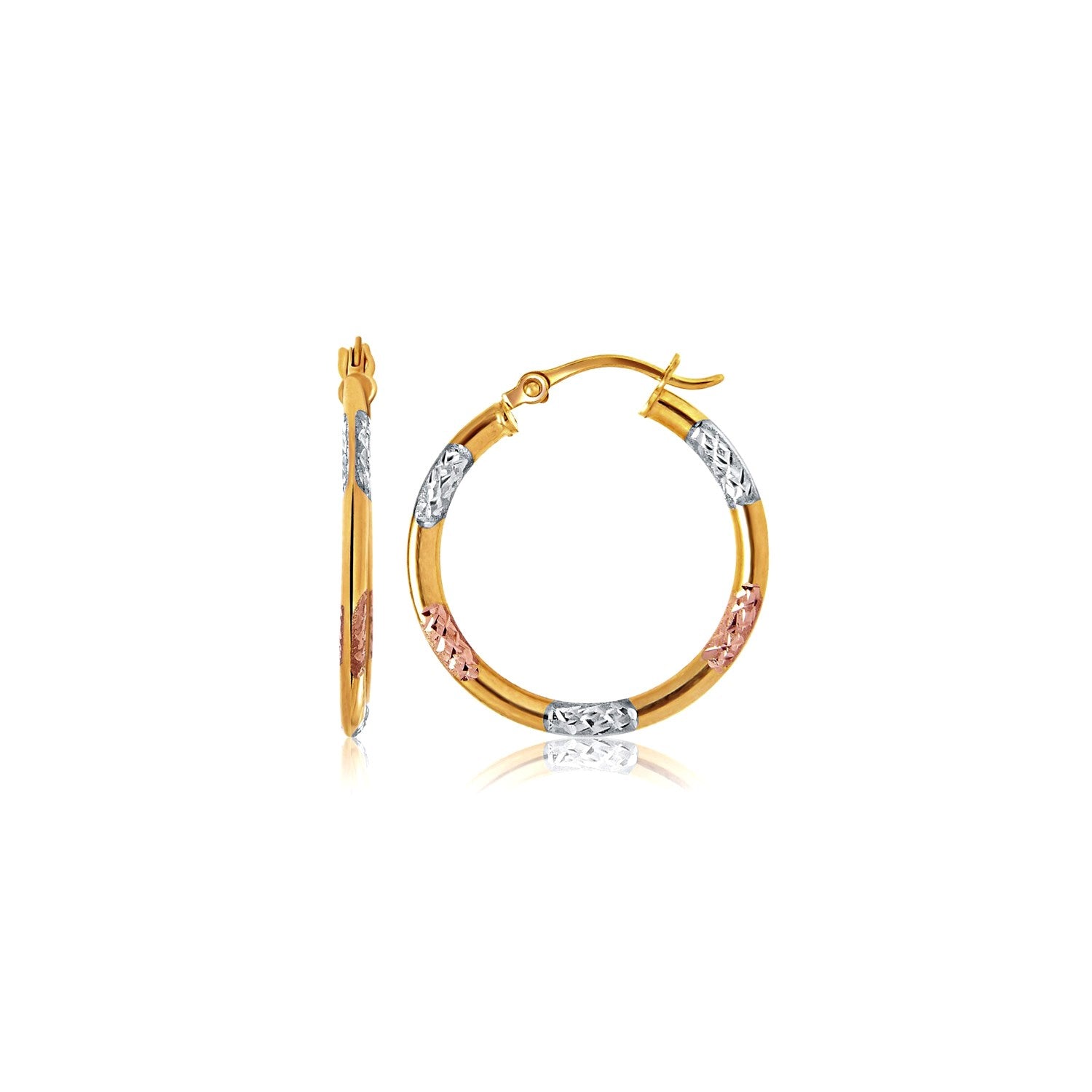 10k Tri-Color Gold Classic Hoop Earrings with Diamond Cut Details DestGlow