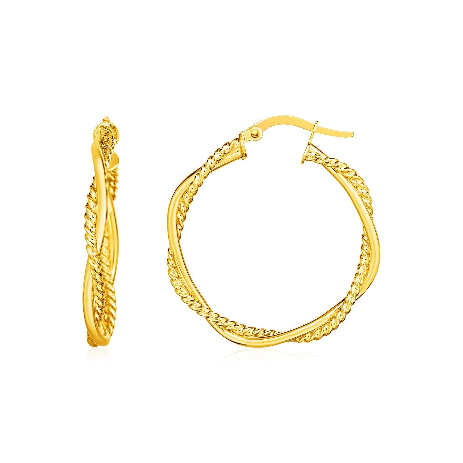 14k Yellow Gold Two Part Textured Twisted Round Hoop Earrings DestGlow