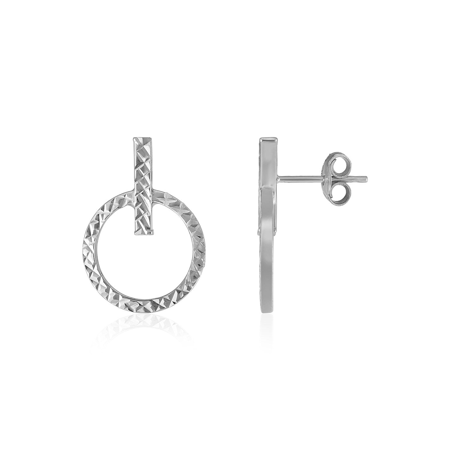 14k White Gold Textured Circle and Bar Post Earrings DestGlow