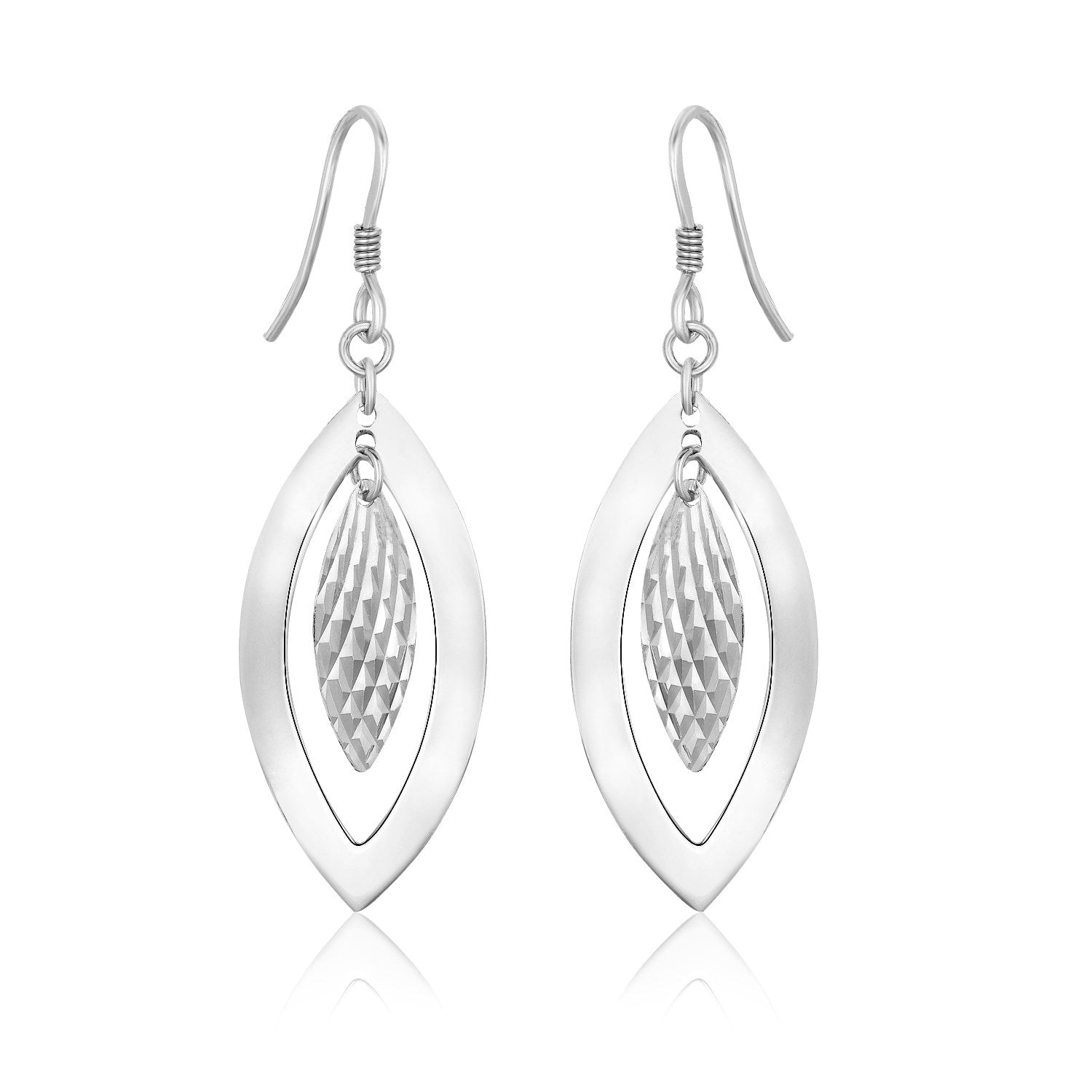 Sterling Silver Dangling Earrings with Dual Open and Textured Marquis Shapes - DestGlow