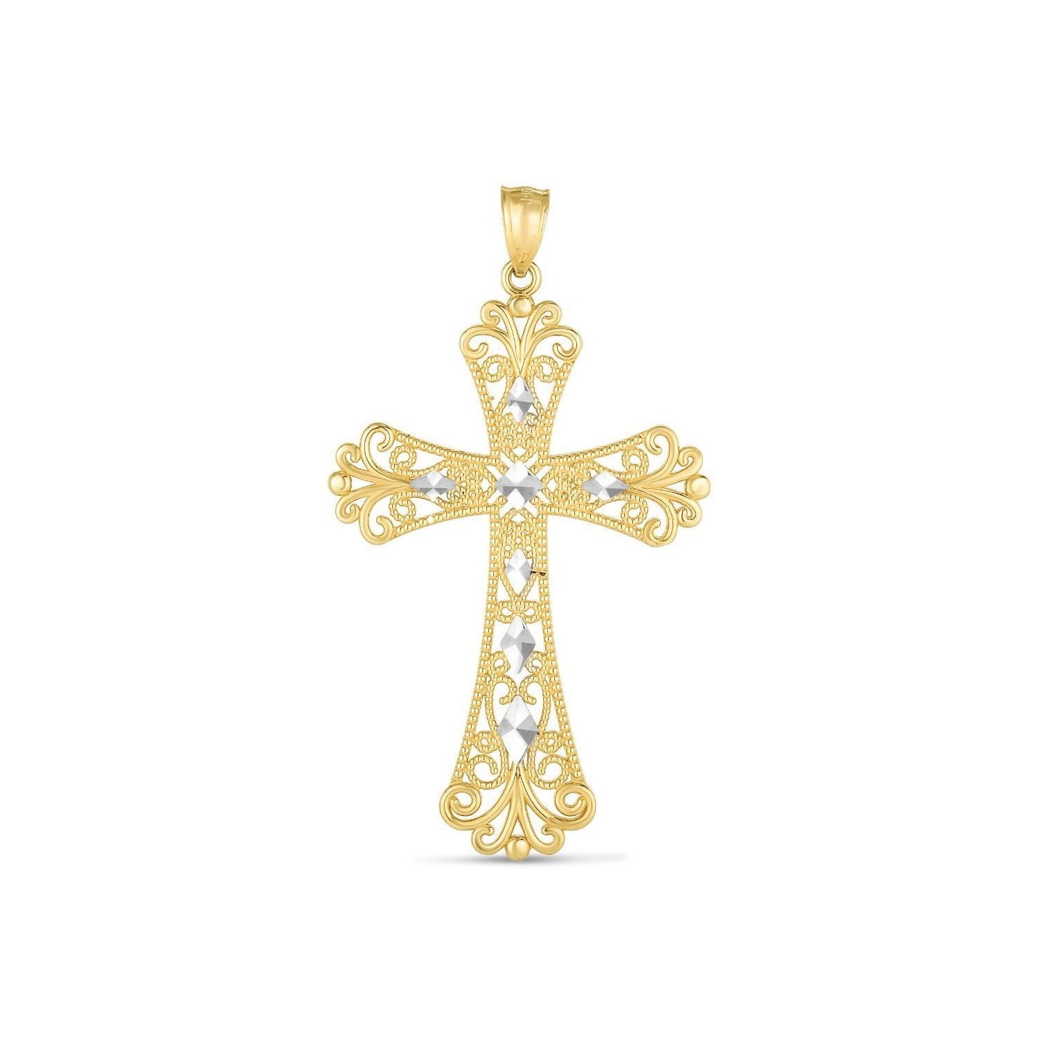 14k Two Tone Gold High Polish Diamond Cut Cross Pendant - necklaces