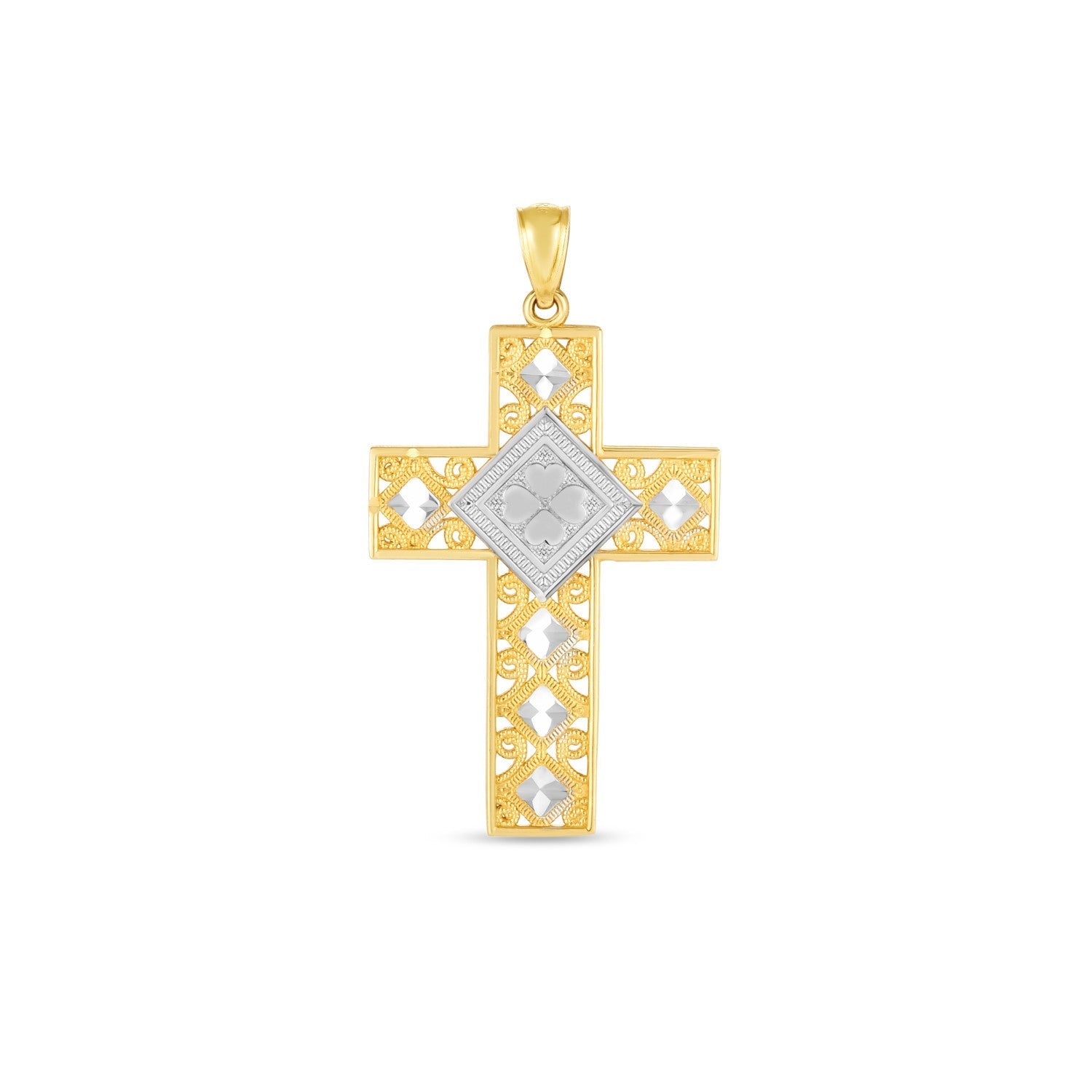 14k Two Tone Gold High Polish Diamond Cut Cross Pendant - necklaces