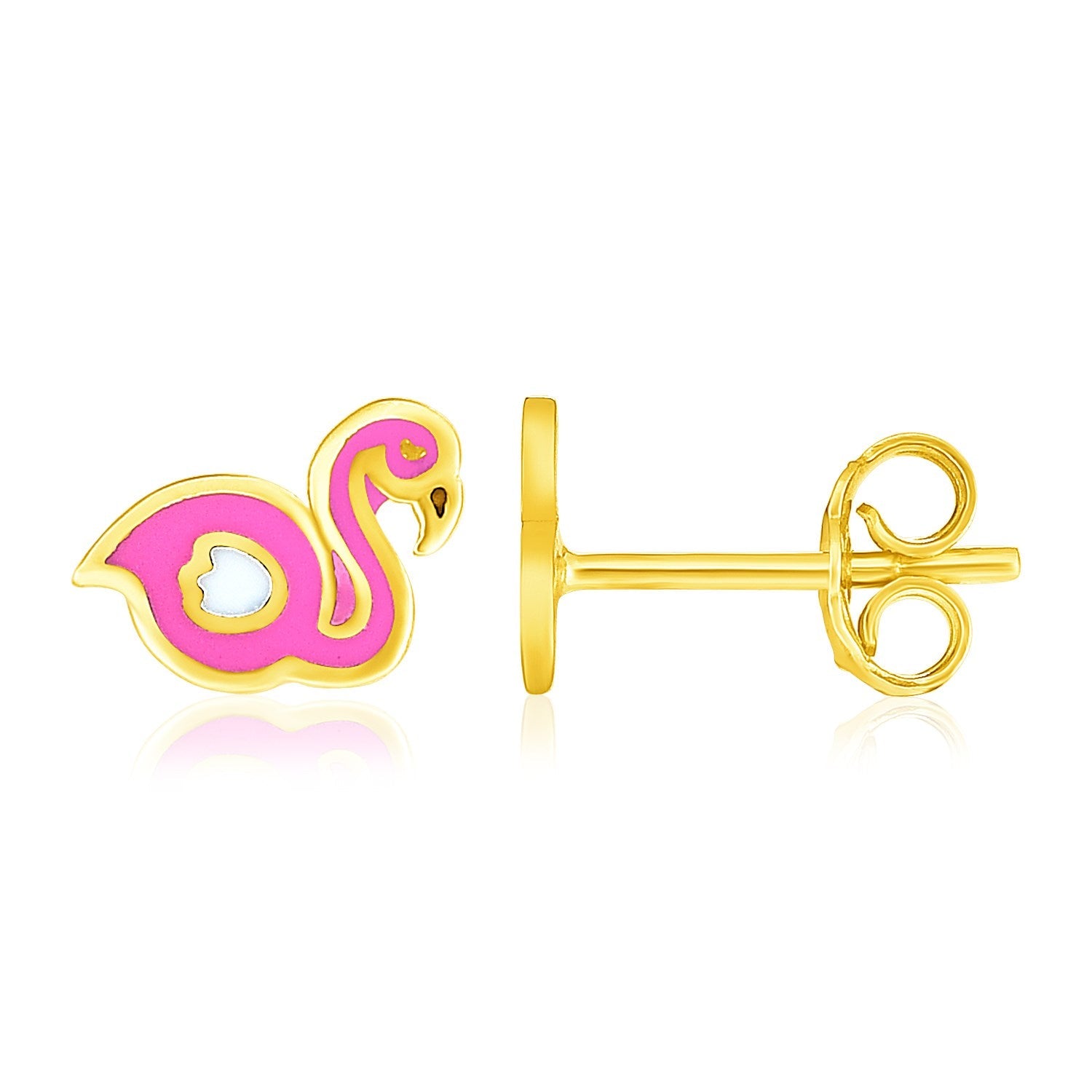 14k Yellow Gold Enameled Flamingo Childrens Earrings DestGlow