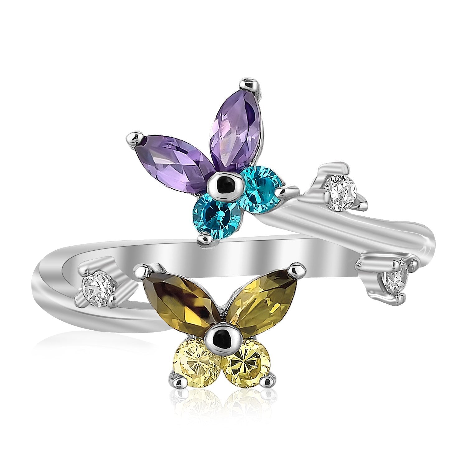 Sterling Silver Rhodium Plated Floral Toe Ring with Multi-Tone Cubic Zirconia - DestGlow