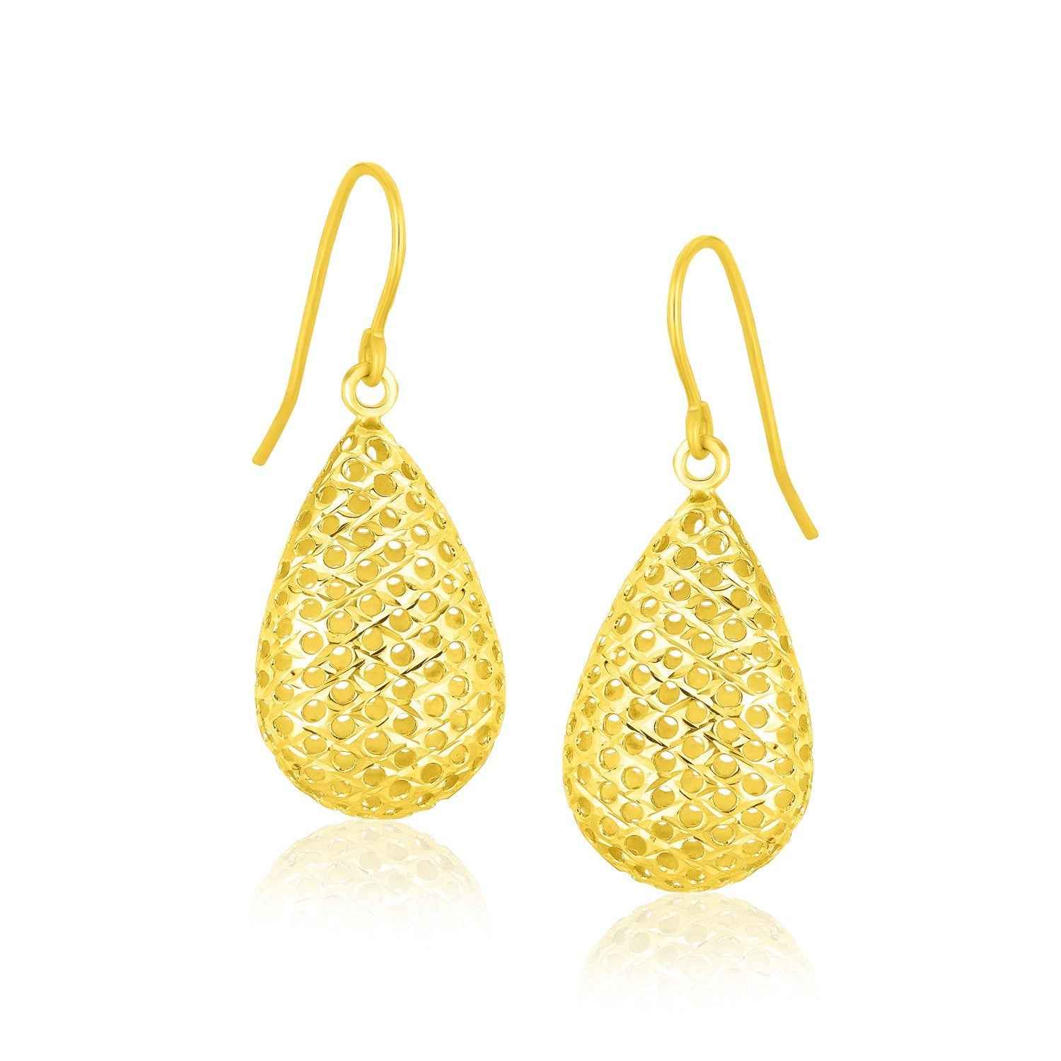 14k Yellow Gold Honeycomb Texture Large Teardrop Drop Earrings DestGlow