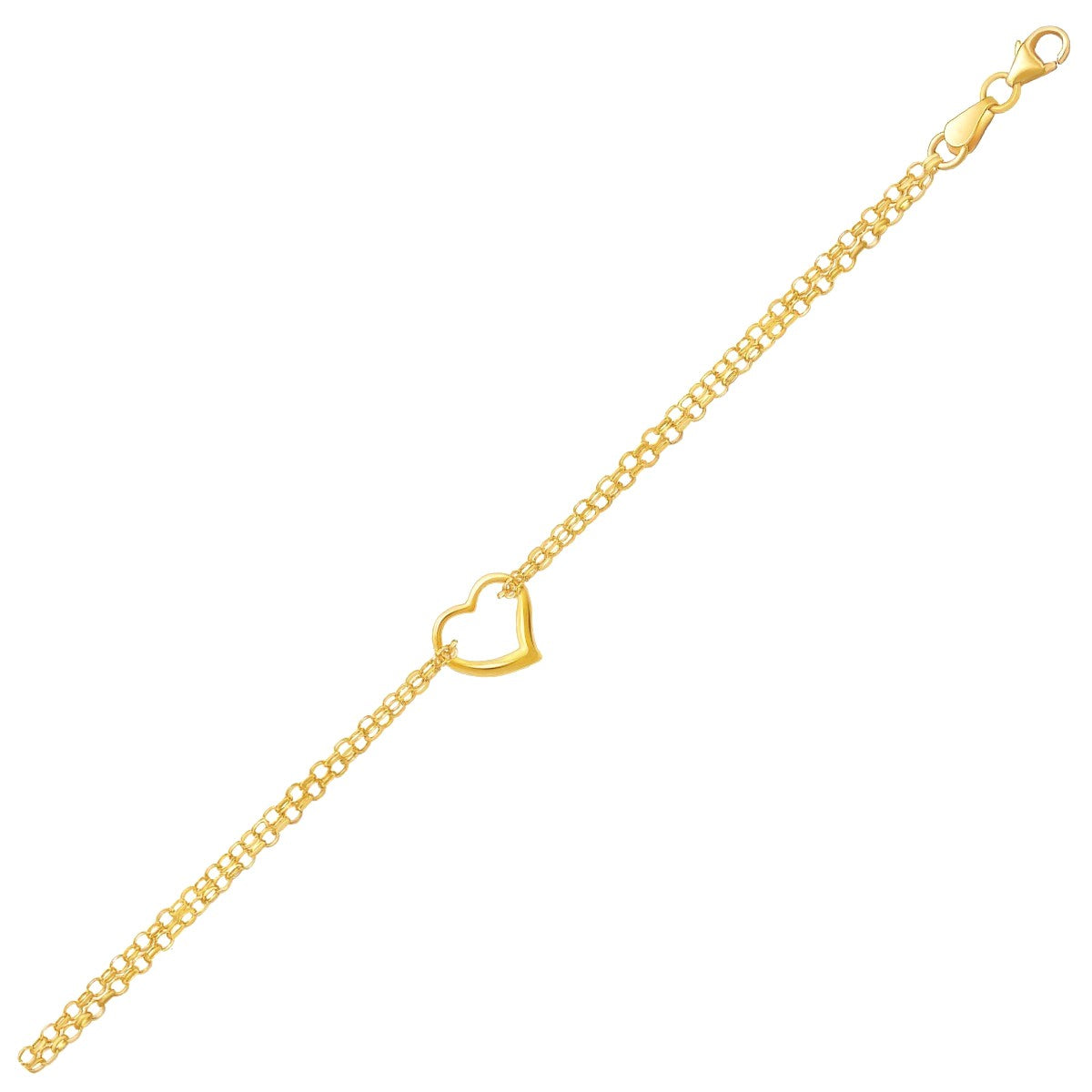 10k Yellow Gold Double Rolo Chain Anklet with an Open Heart Station DestGlow