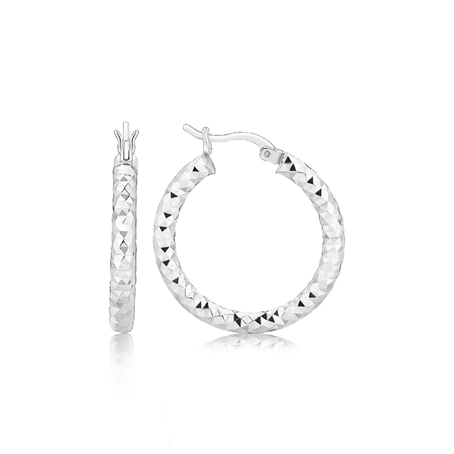 Sterling Silver Faceted Style Hoop Earrings with Rhodium Finishing - DestGlow
