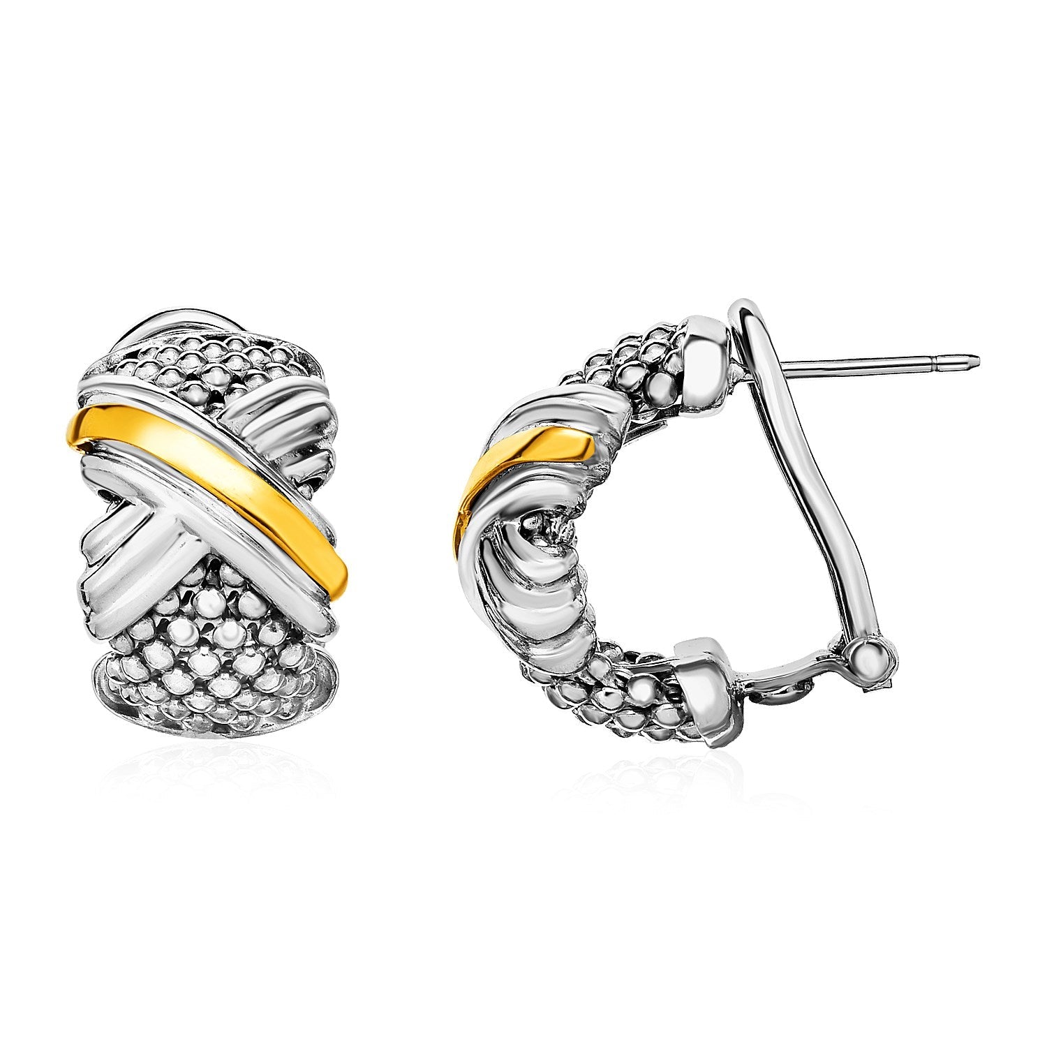 Popcorn Texture Earrings with X Motif in Sterling Silver and 18k Yellow Gold DestGlow