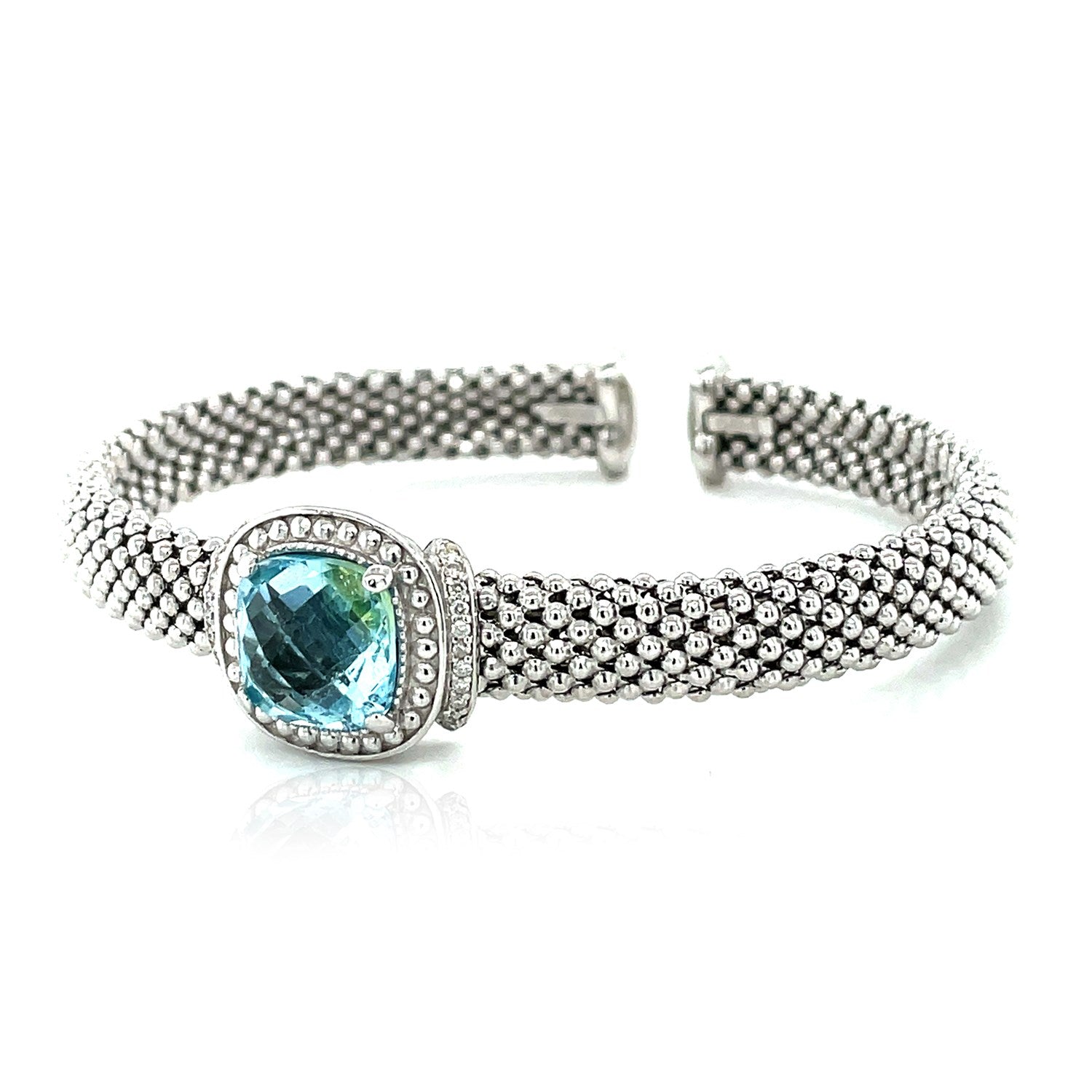 Popcorn Texture Cuff Bangle with Blue Topaz and Diamonds in Sterling Silver (8.00 mm) - DestGlow