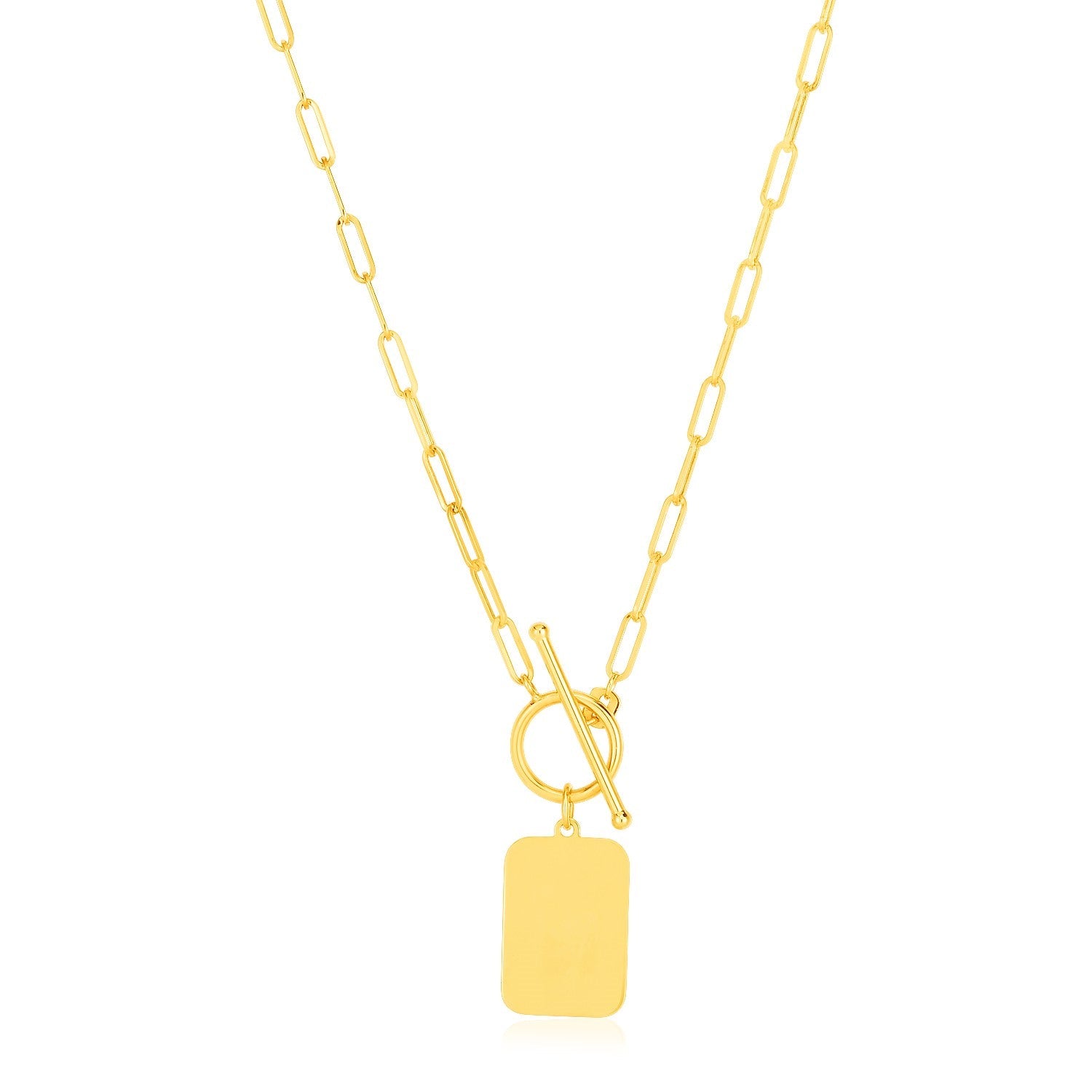 14k Yellow Gold Paperclip Chain Necklace with Rounded Rectangle Pendant by Avera Group