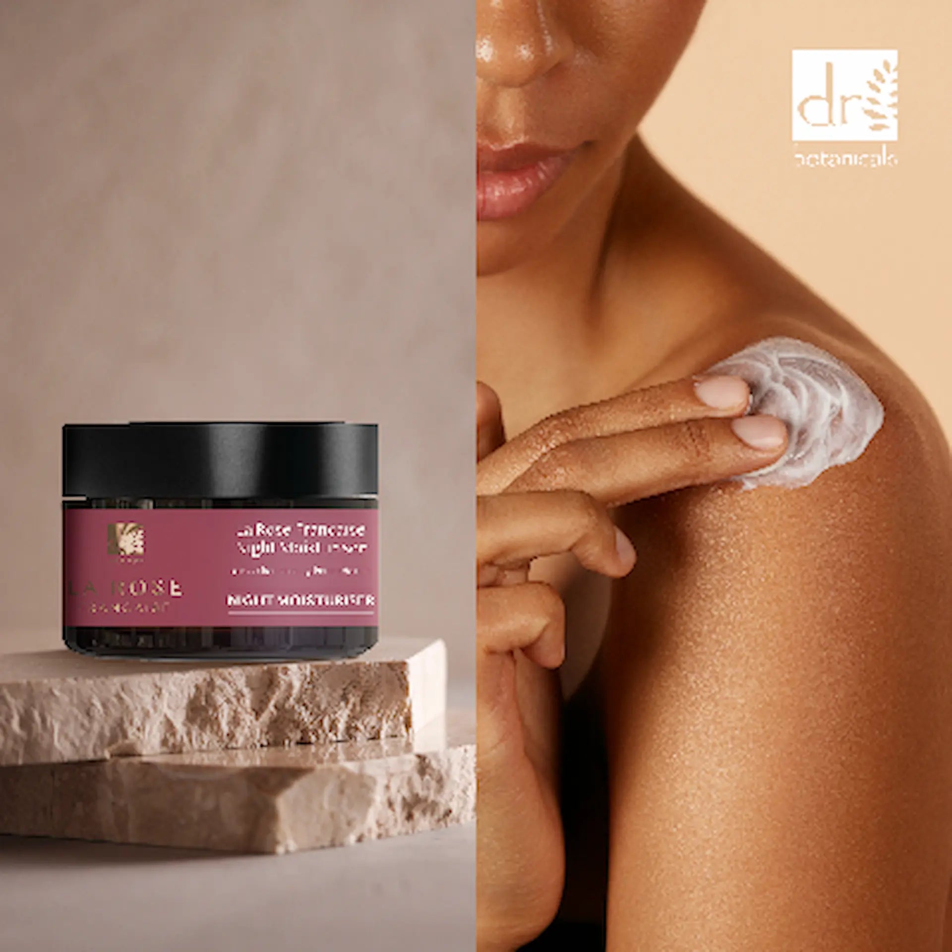 Night moisturizer jar with a woman applying cream to her shoulder, featuring the brand 'dr botanica'.