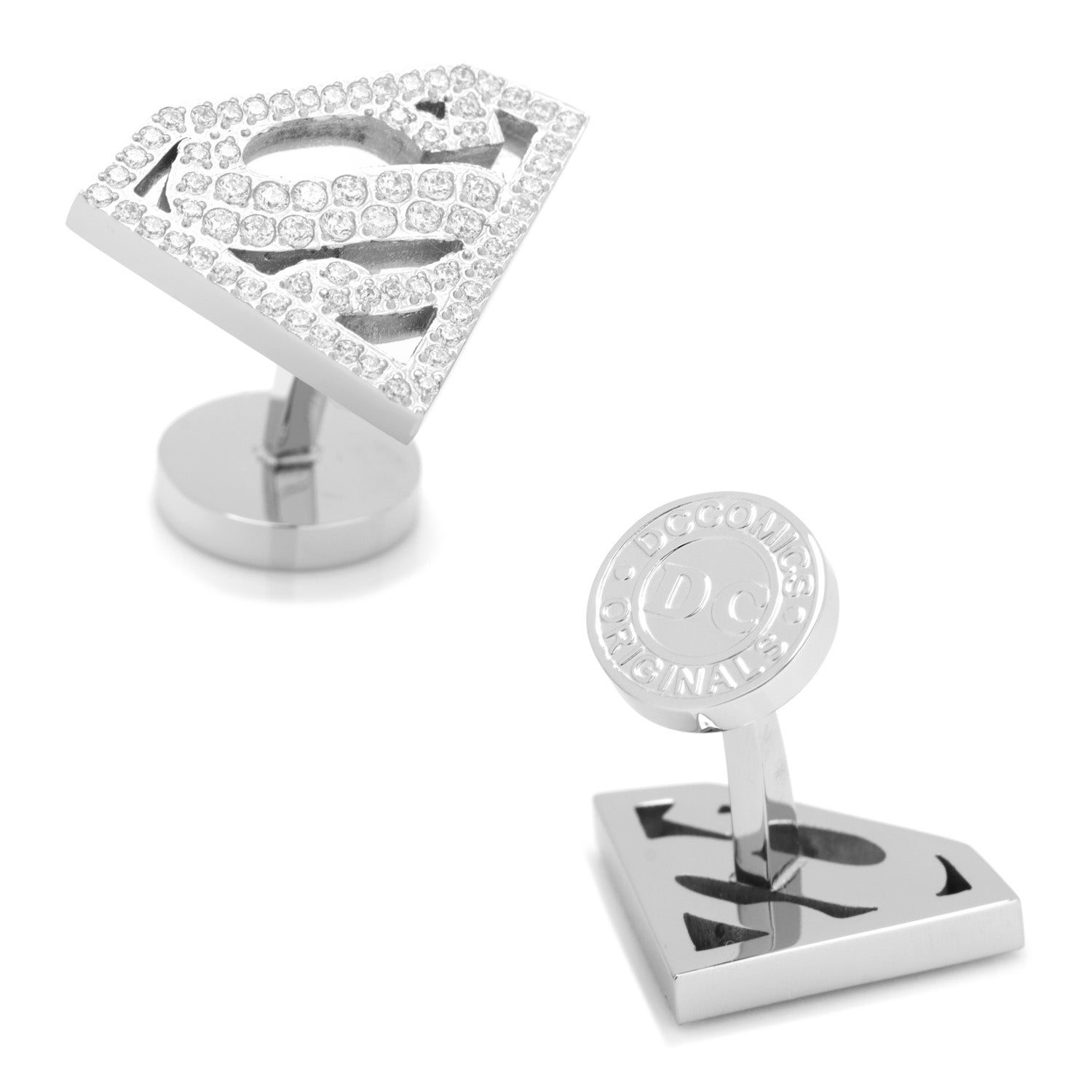 DC Superman Stainless Steel White Pave Crystal Cufflinks by Cufflinks.com