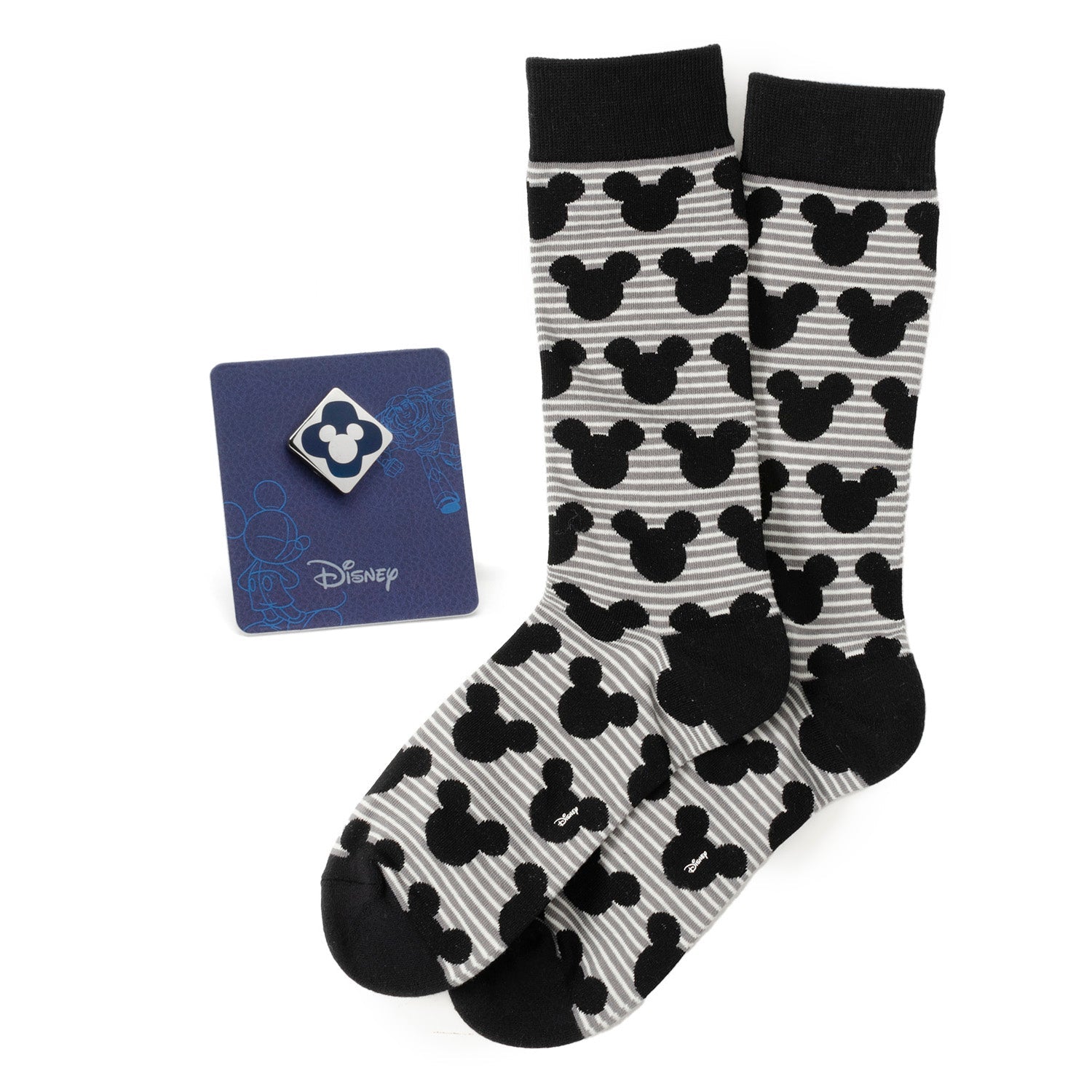 Disney Mickey Mouse Stripe Gray Sock and Mickey Blue Lapel Pin Gift Set by Cufflinks.com