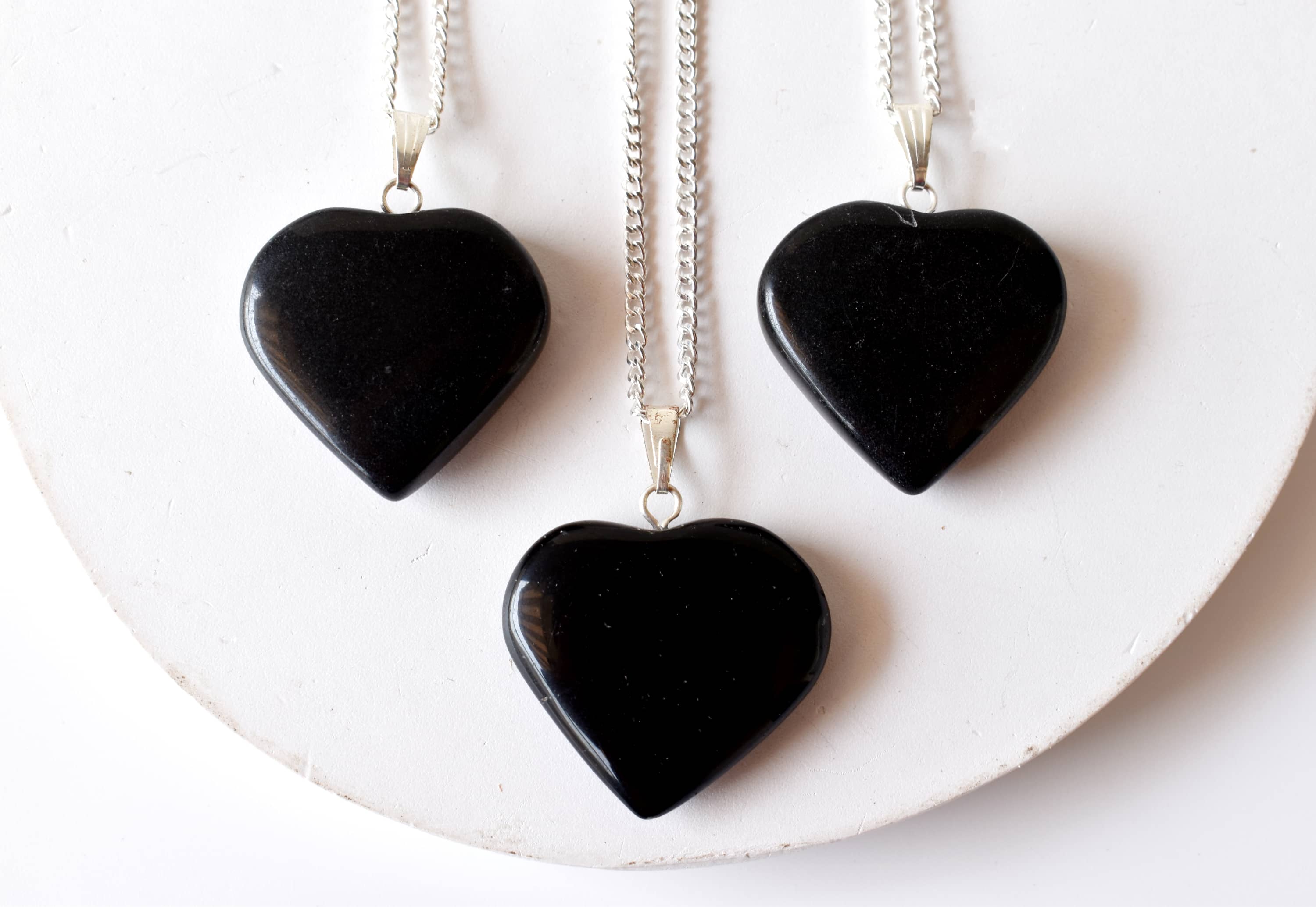 Real Black Tourmaline Crystal Heart Pendant, Genuine Heart Shaped Necklaces DestGlow