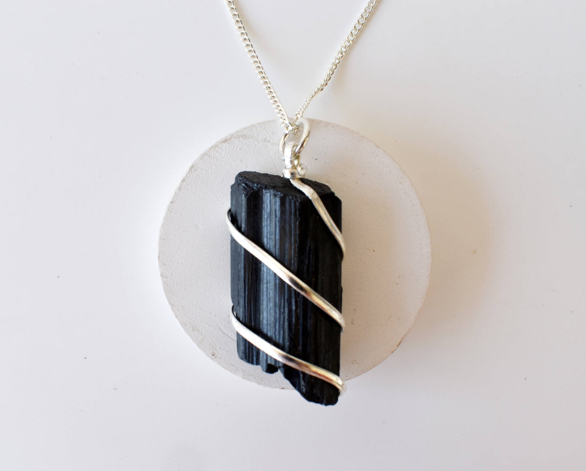 Black Tourmaline Raw Gemstone Pendant, Wire Wrapped Crystal Stone Pendant DestGlow