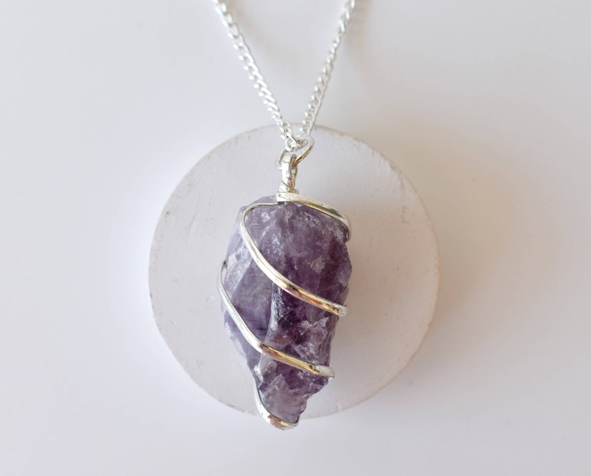 Amethyst Raw Gemstone Pendant, Wire Wrapped Crystal Stone Pendant DestGlow