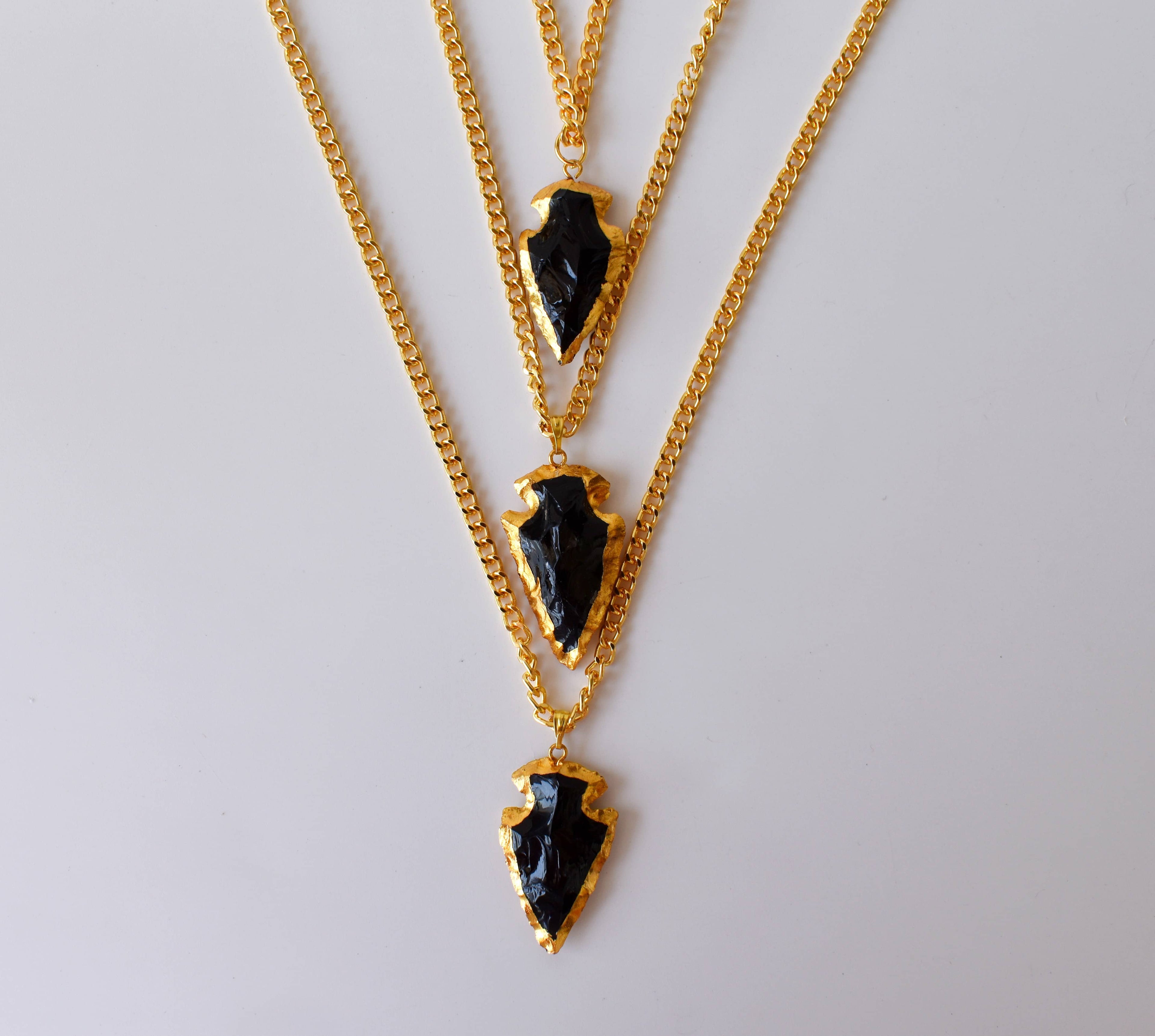 Black Obsidian Arrowhead Pendant ~ Electroplated Gold Crystals Pendants with Chain DestGlow