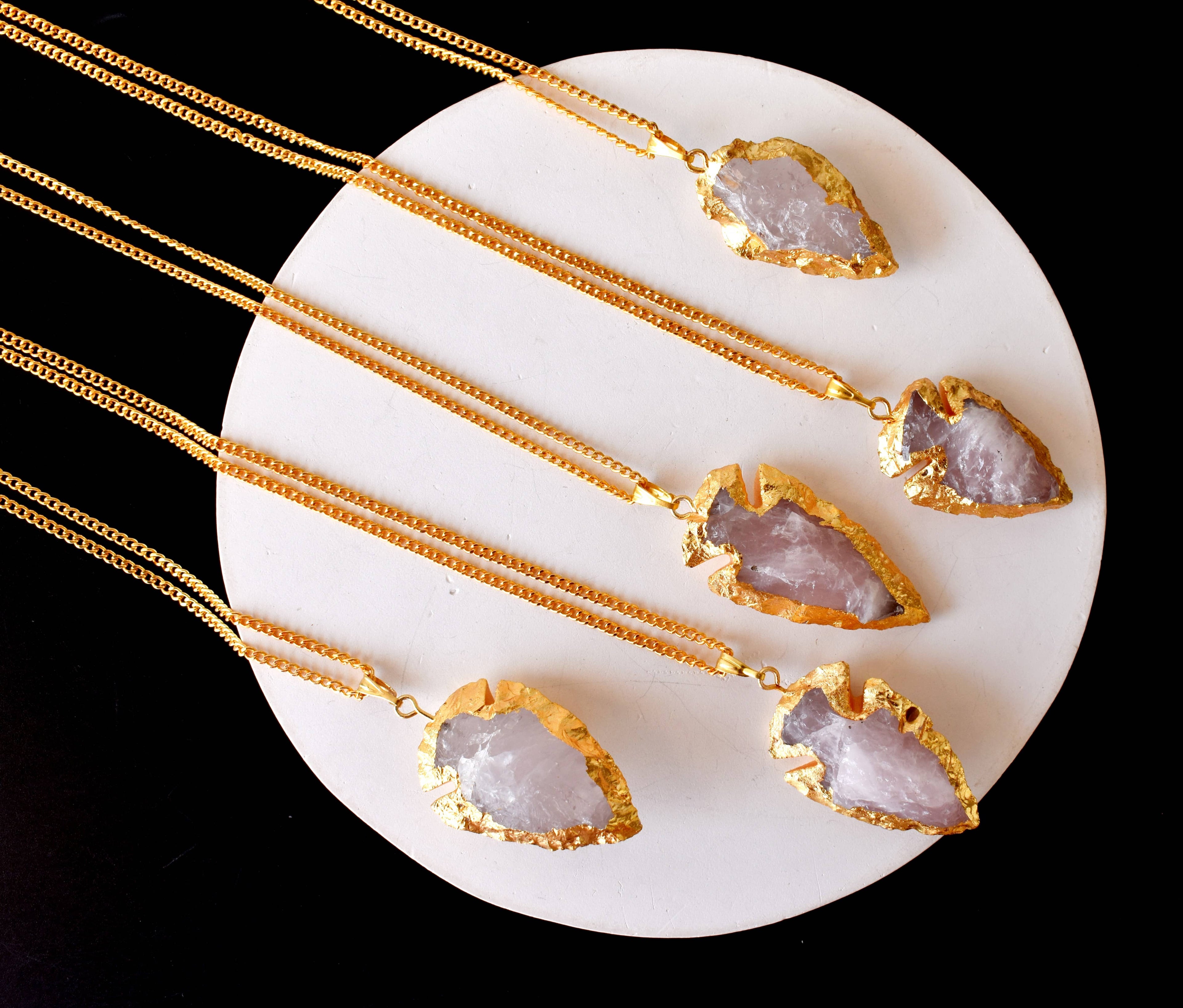 Rose Quartz Arrowheads Pendants, Electroplated Gold Crystals Pendants with Chain DestGlow