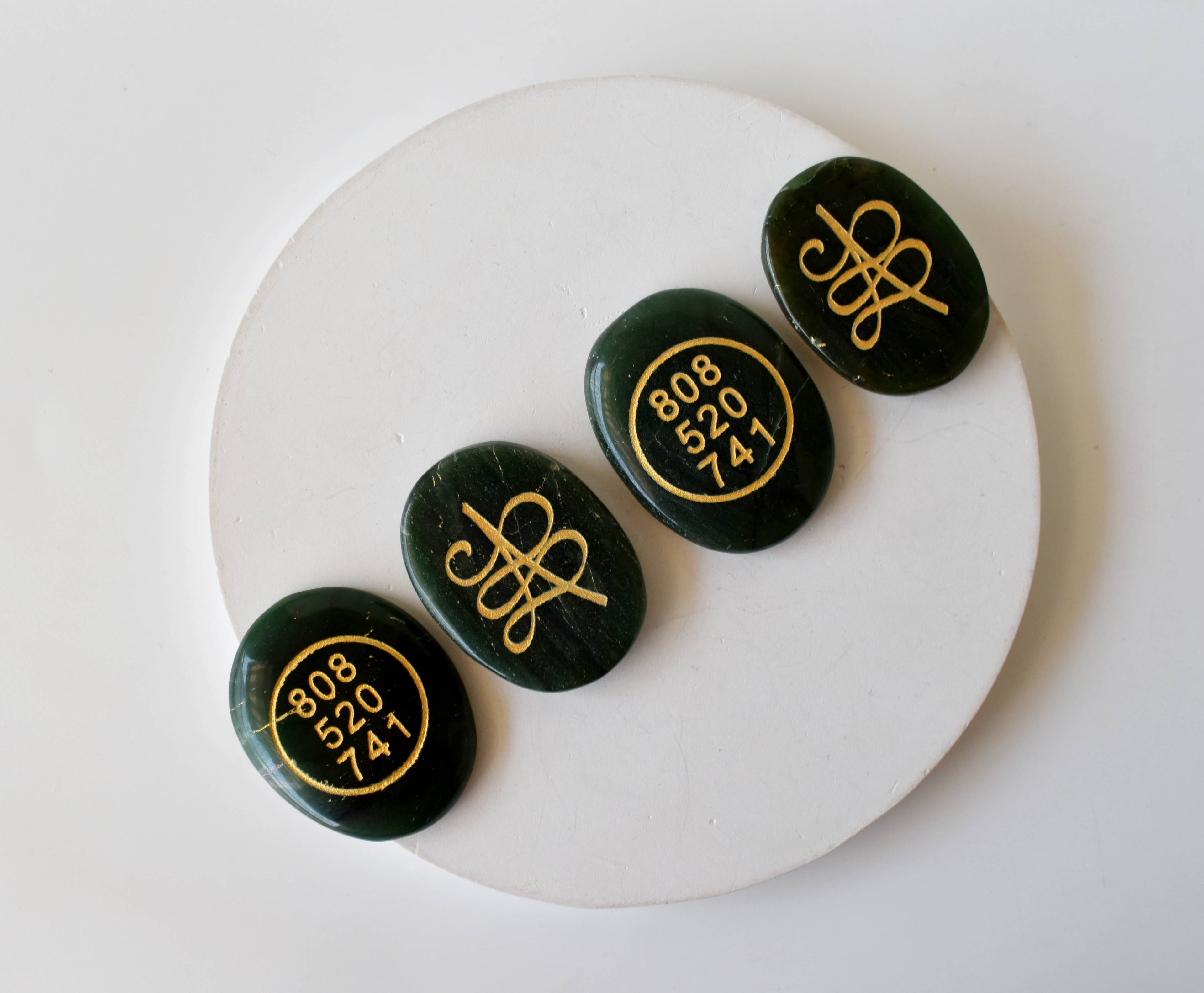 Polished Green Jade Zibu Stones, Flat Oval Engraved Stones (Wealth and Attraction) DestGlow