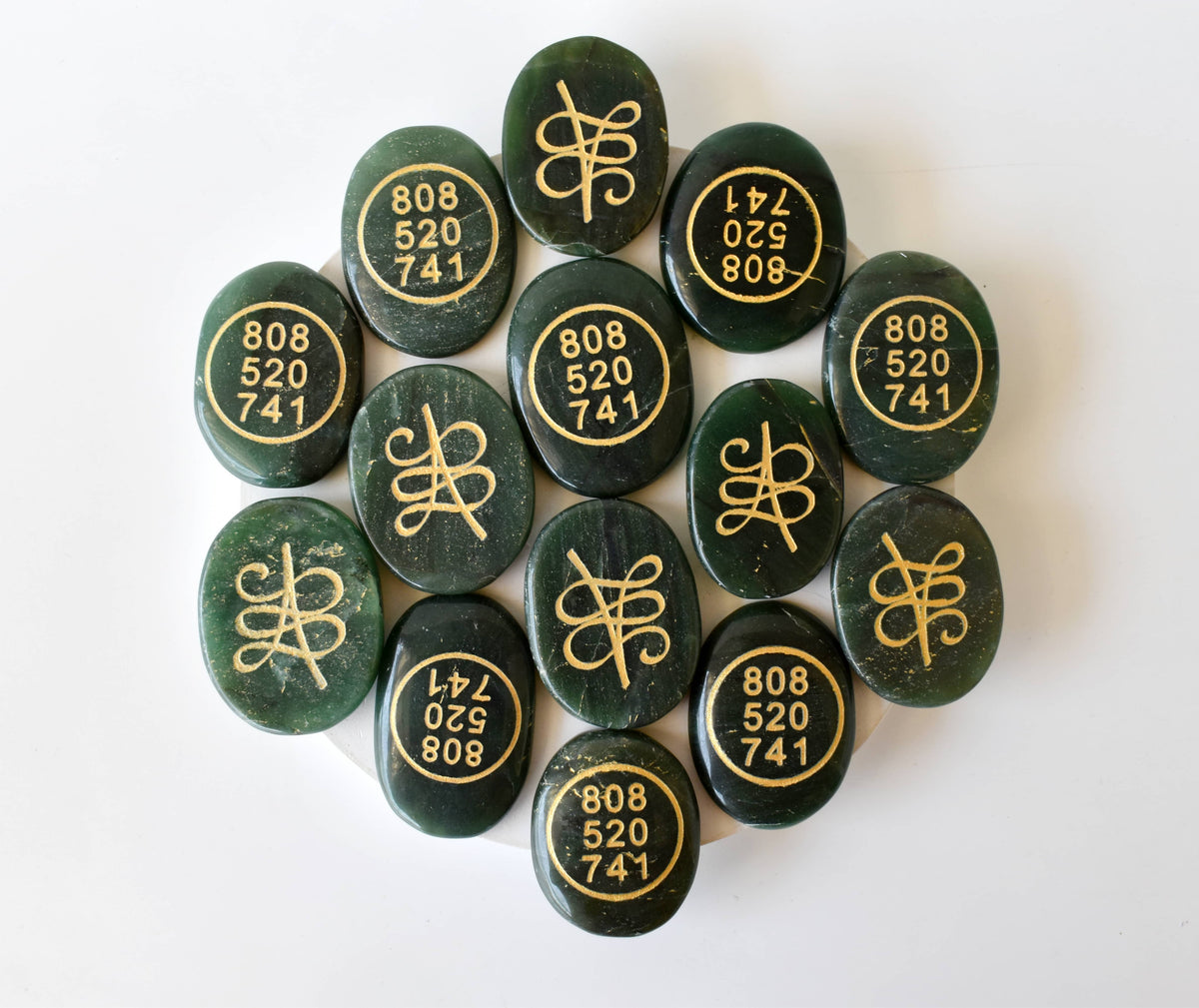Polished Green Jade Zibu Stones, Flat Oval Engraved Stones (Wealth and Attraction) DestGlow