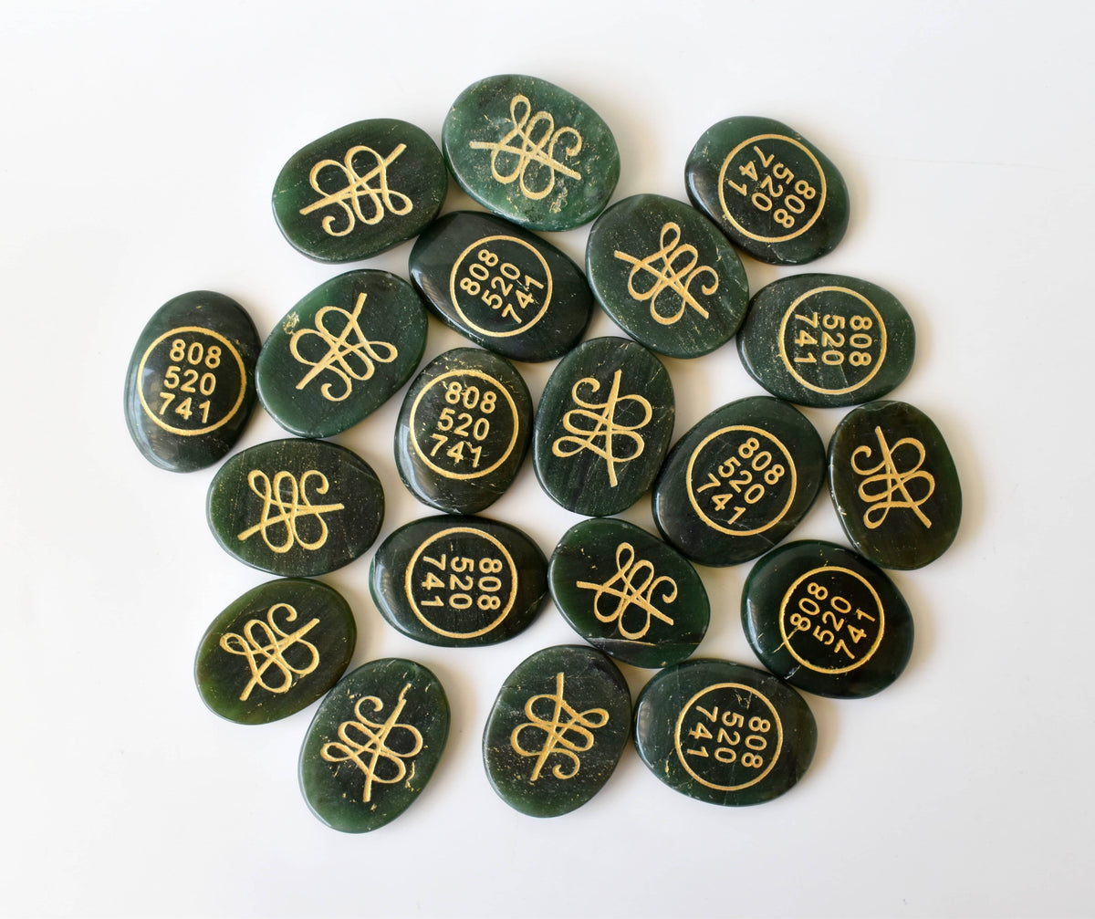 Polished Green Jade Zibu Stones, Flat Oval Engraved Stones (Wealth and Attraction) DestGlow