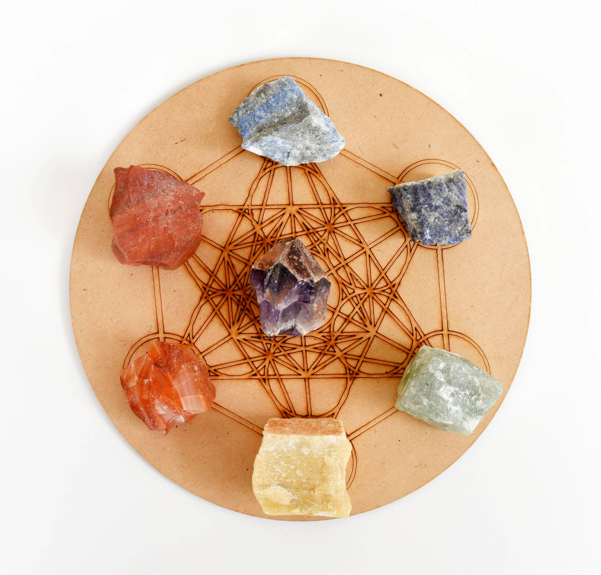 Chakra Crystals Set, 7 Chakra Rough Stones Set, Wooden Grid Plate, Selenite Log DestGlow