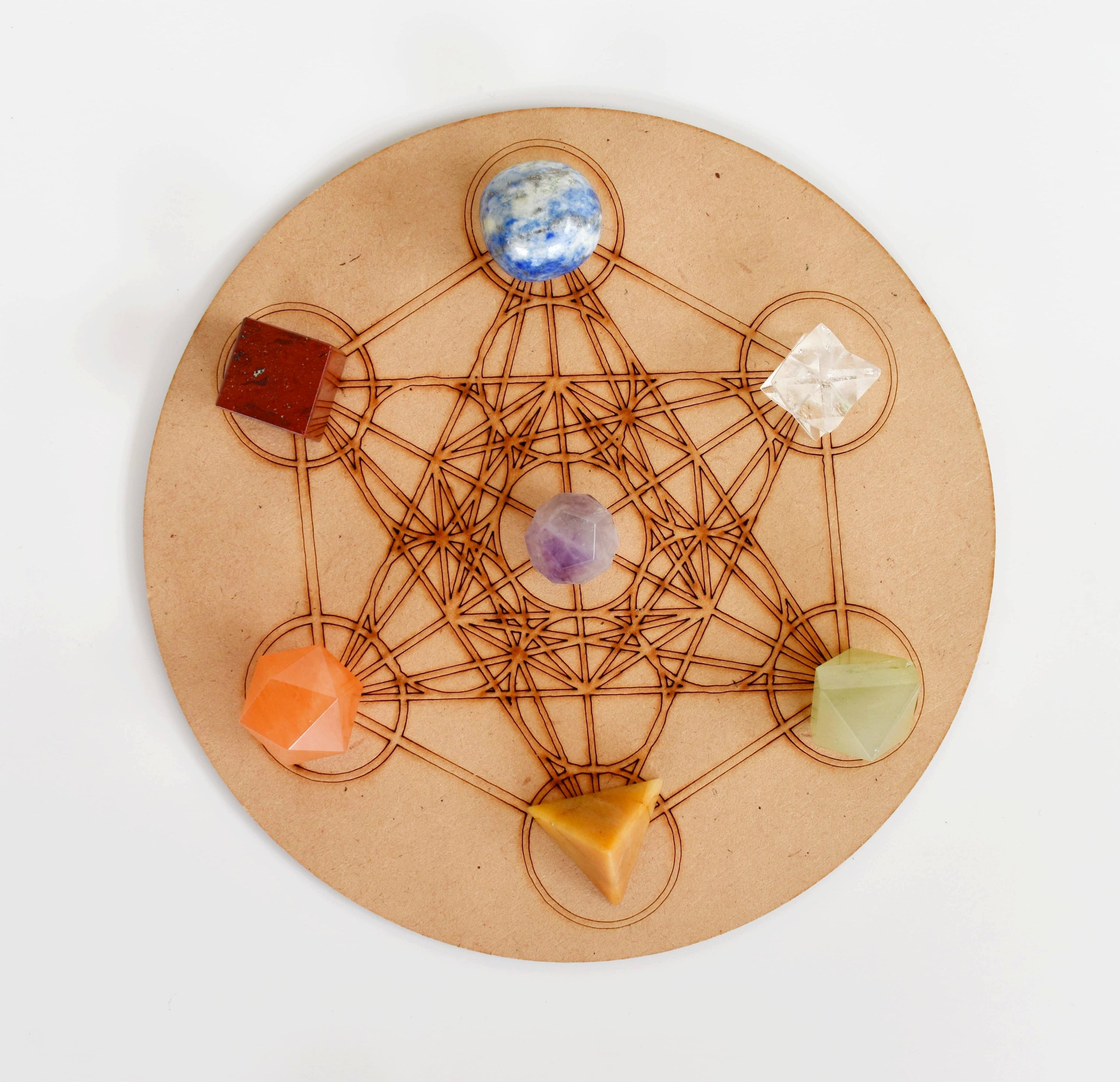 Chakra Crystals Geometric Set, 7 Chakra Plato Stones with Wooden Grid Plate, Selenite Log DestGlow