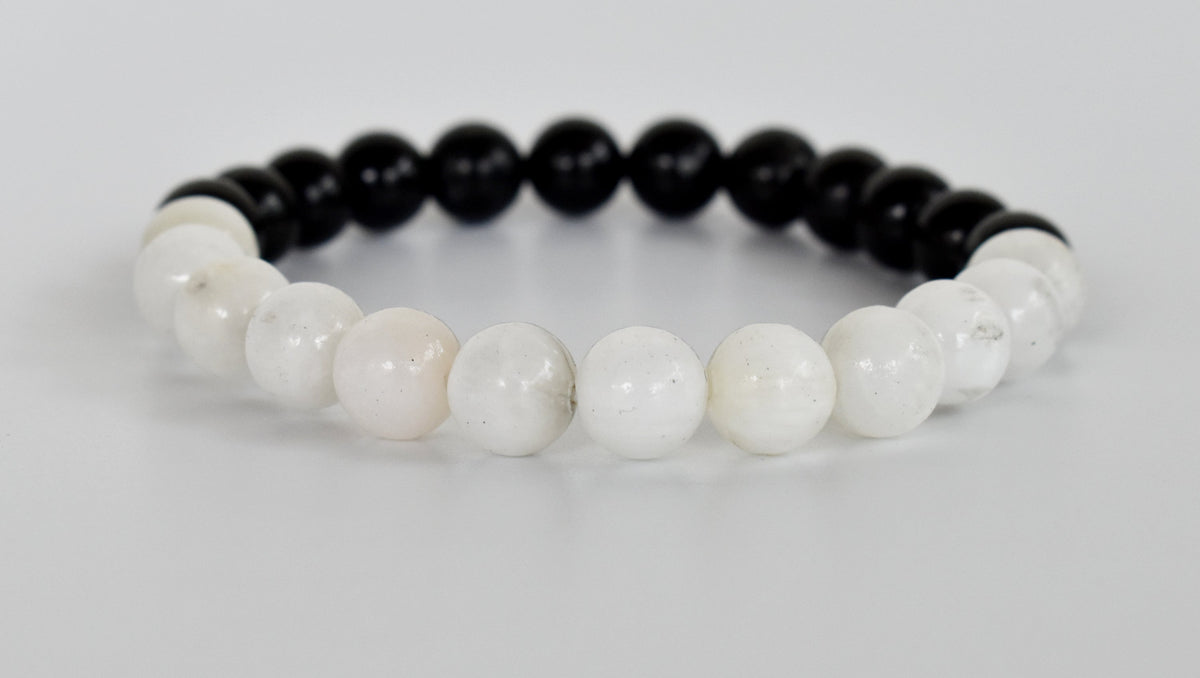 Yin Yang Balance Crystal Bracelet, Selenite, Black Tourmaline Crystal Healing Spiritual Support Balance DestGlow