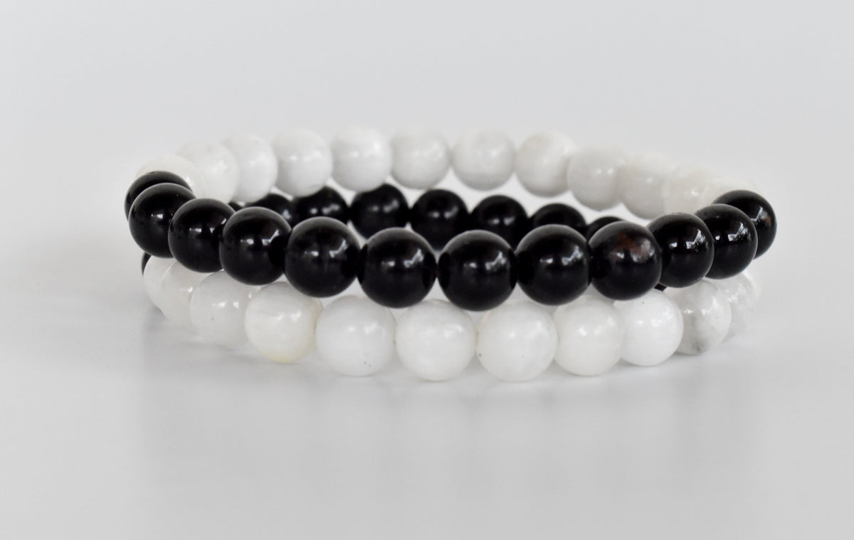 Yin Yang Balance Crystal Bracelet, Selenite, Black Tourmaline Crystal Healing Spiritual Support Balance DestGlow