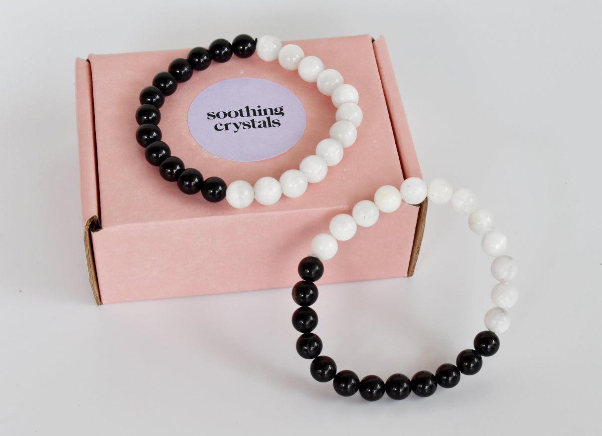 Yin Yang Balance Crystal Bracelet, Selenite, Black Tourmaline Crystal Healing Spiritual Support Balance DestGlow
