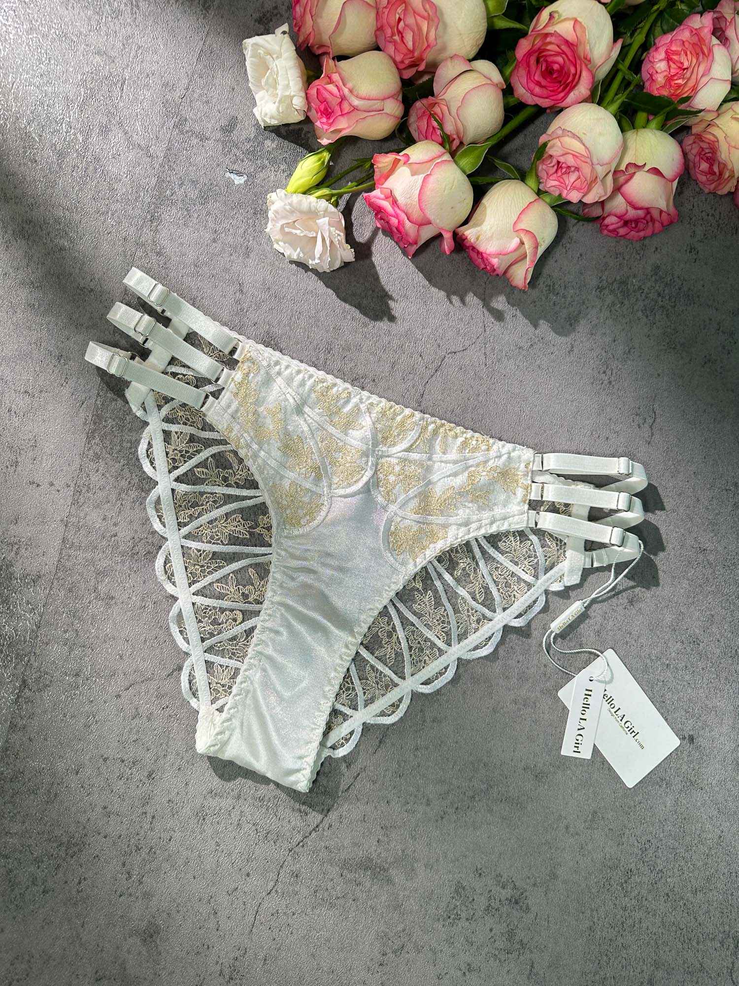 White&Gold Embroidery Thong - accessories