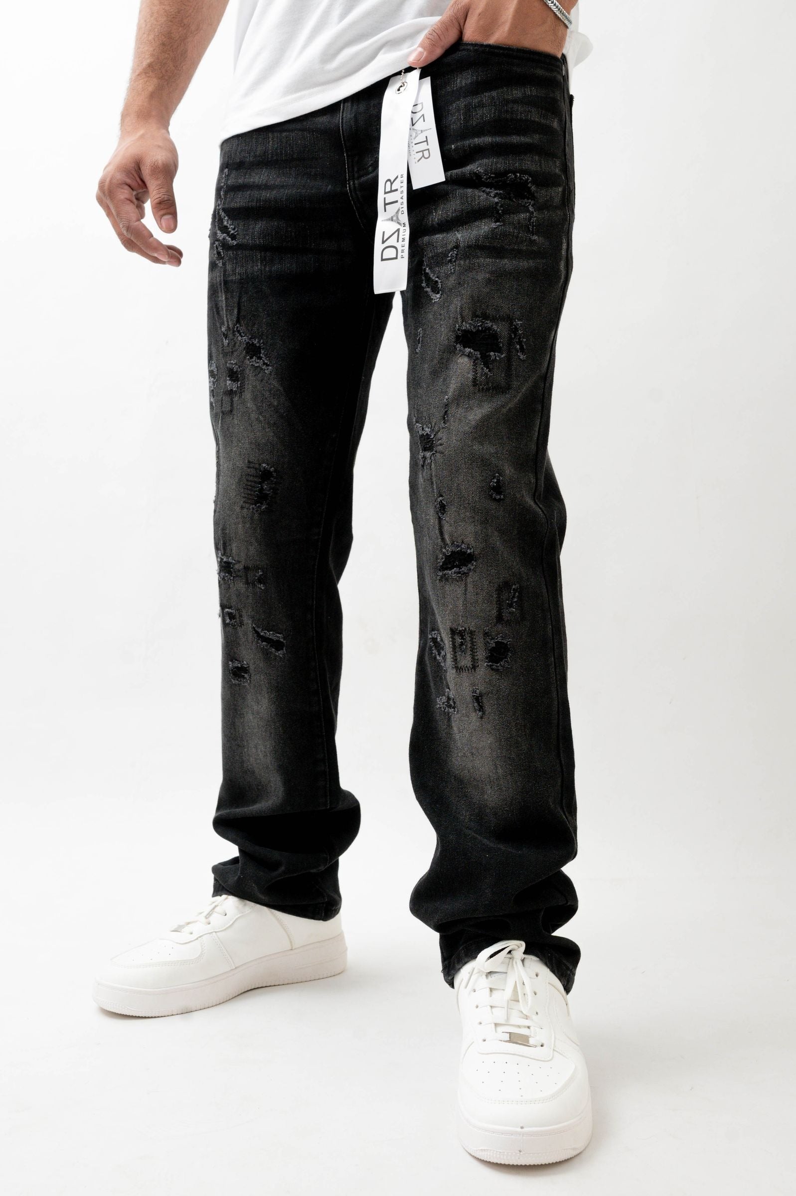 Premium Disaster Super Stretch Straight Fit Denim Jeans - Washed Black by Denim Exchange