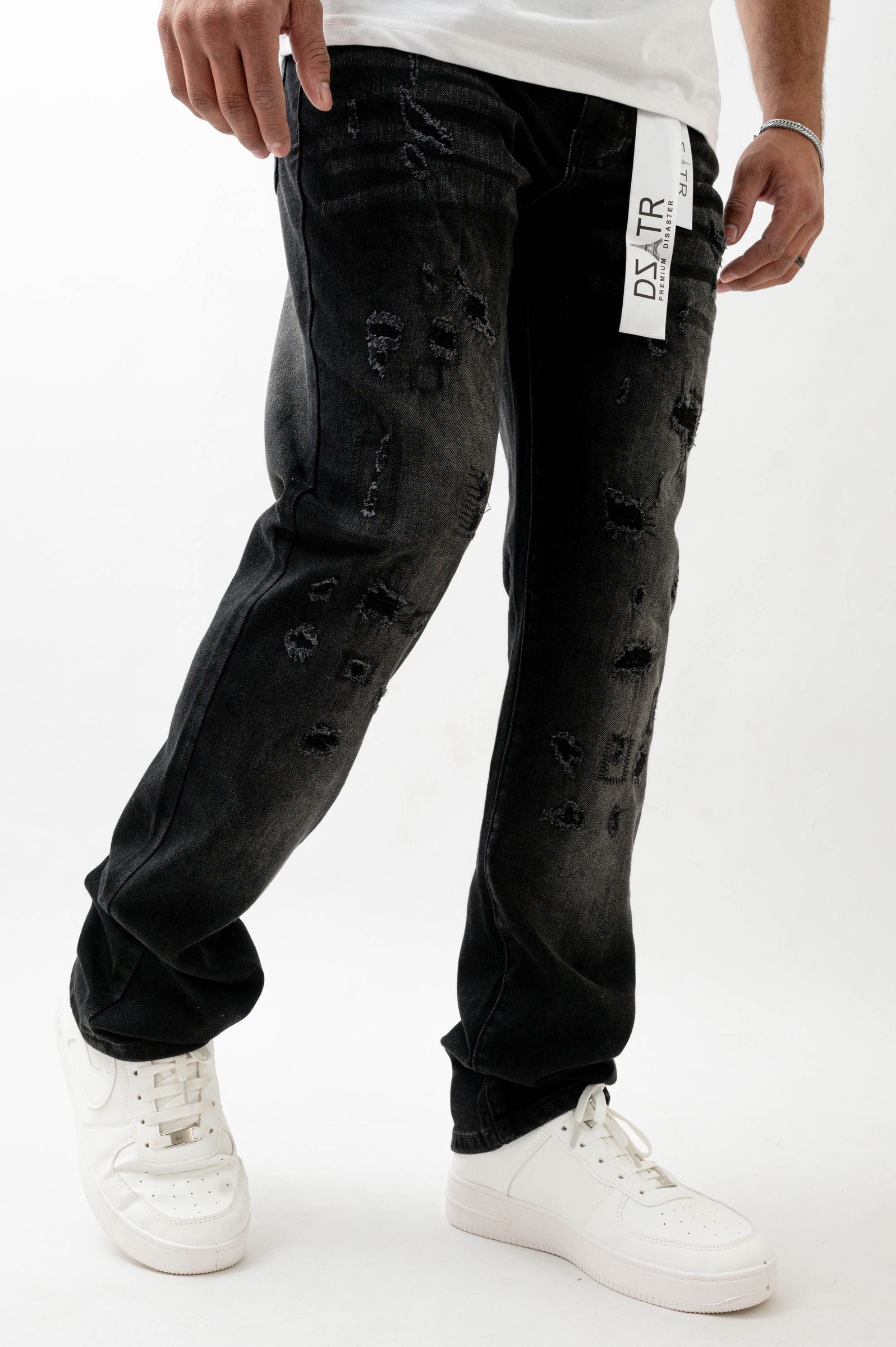 Premium Disaster Super Stretch Straight Fit Denim Jeans - Washed Black by Denim Exchange