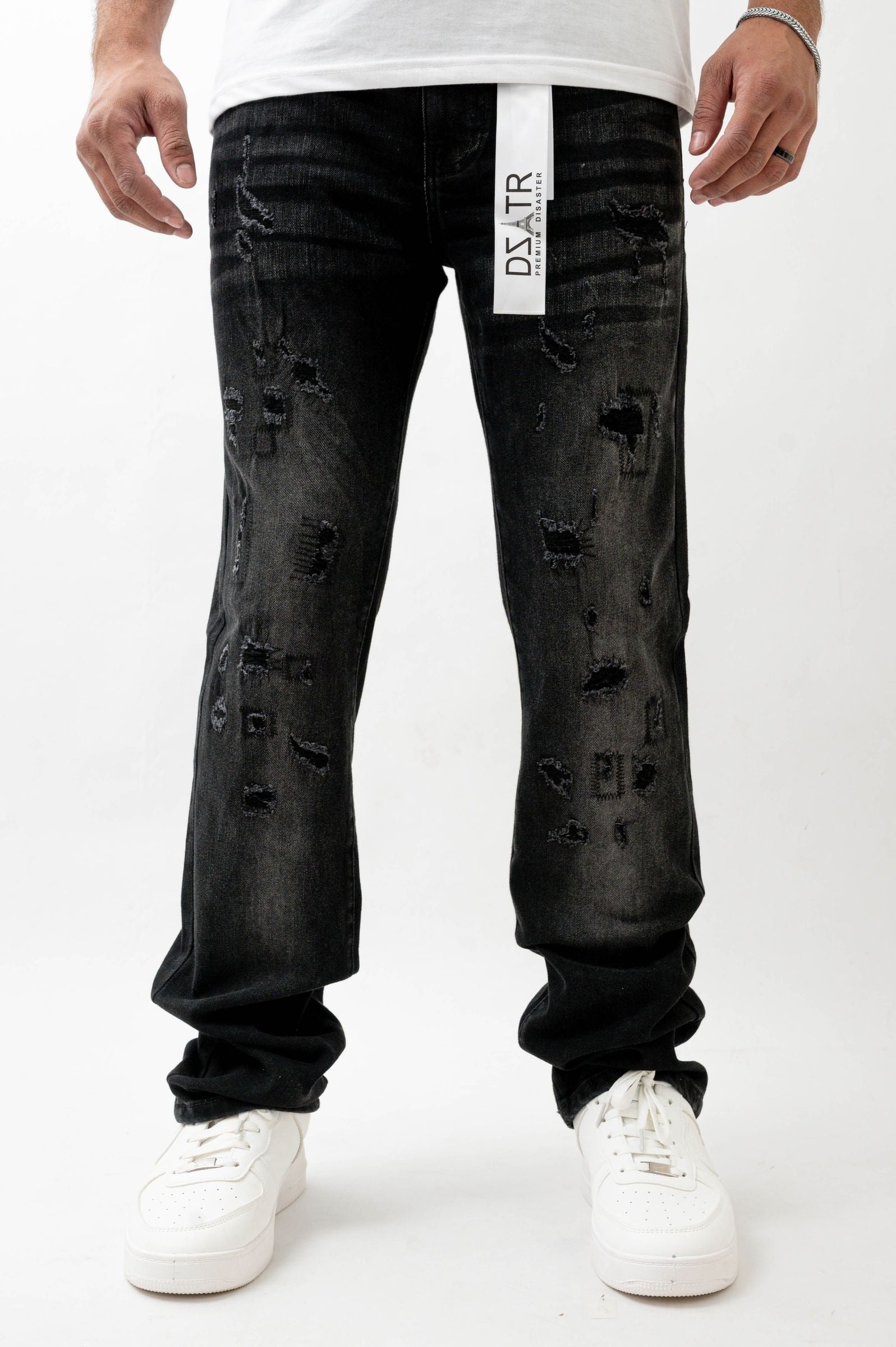 Premium Disaster Super Stretch Straight Fit Denim Jeans - Washed Black by Denim Exchange