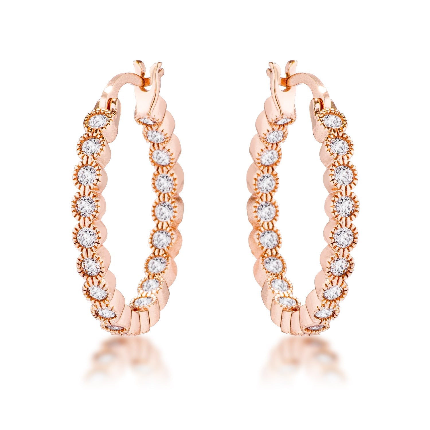 Avera Dotted CZ Round Bezel Hoop Earrings in Pink DestGlow