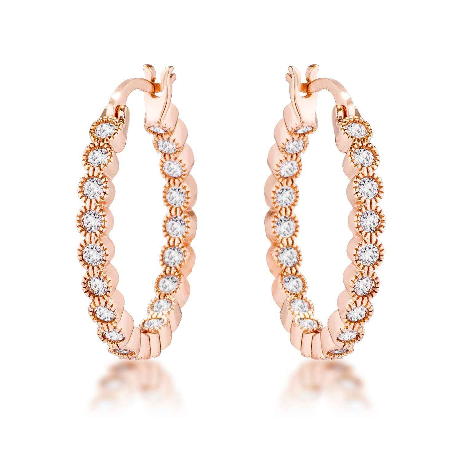 Avera Dotted CZ Round Bezel Hoop Earrings in Pink