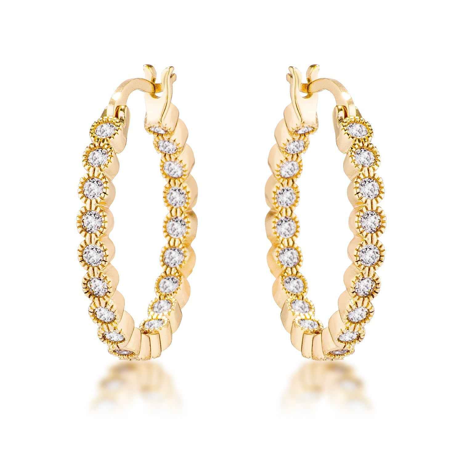 Dotted CZ Round Bezel Hoop Earrings